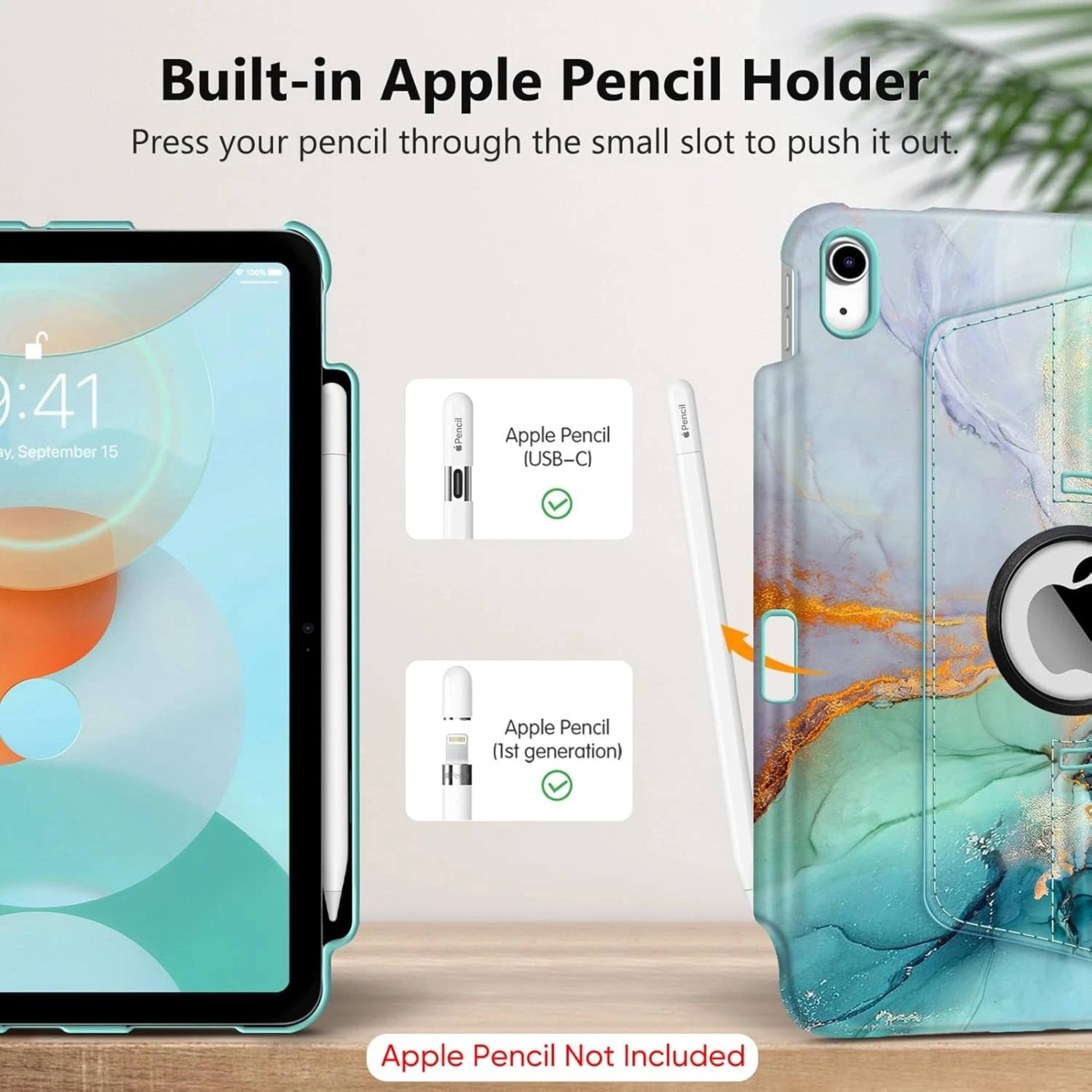 Built-in Apple Pencil Holder  
Press your pencil through the small slot to push it out.

Apple Pencil (USB-C)  
Apple Pencil (1st generation)

Apple Pencil Not Included
