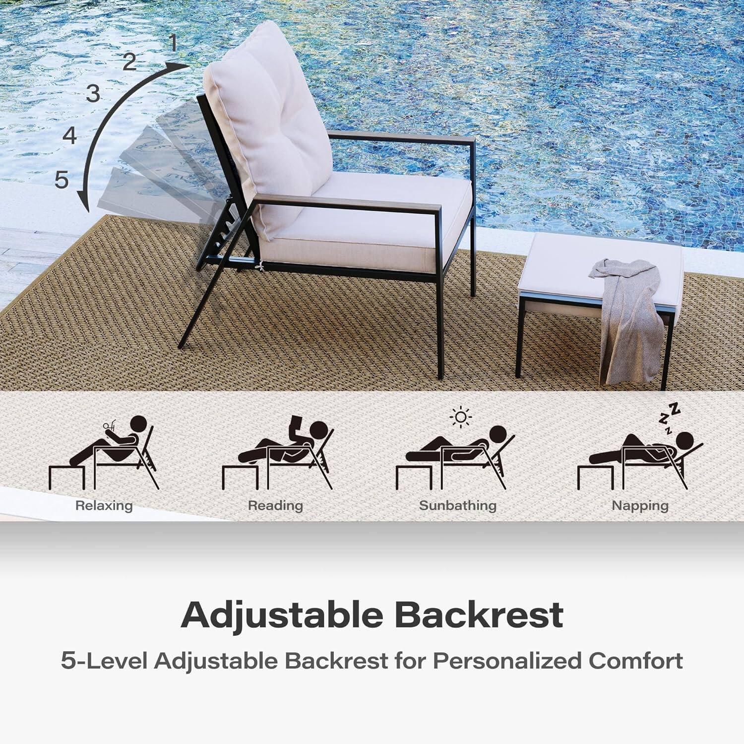 3 2 1 4 5 Z Z 2 Relaxing Reading Sunbathing Napping Adjustable Backrest 5-Level Adjustable Backrest for Personalized Comfort