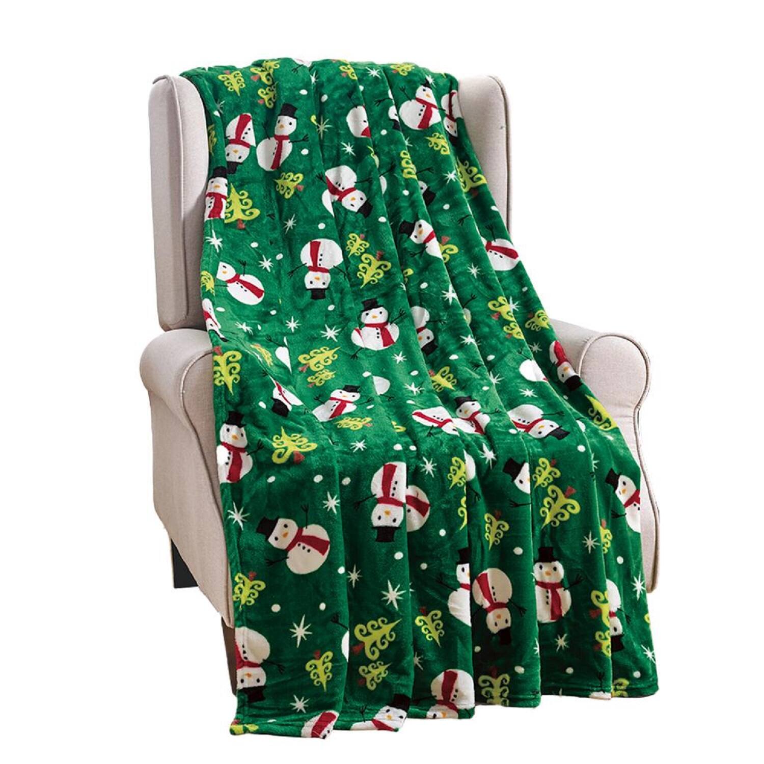 Front. Noble House - Plazatex Green Snowman plush Decorative Christmas Machine Washable Throw 50" X 60" Green - Green.