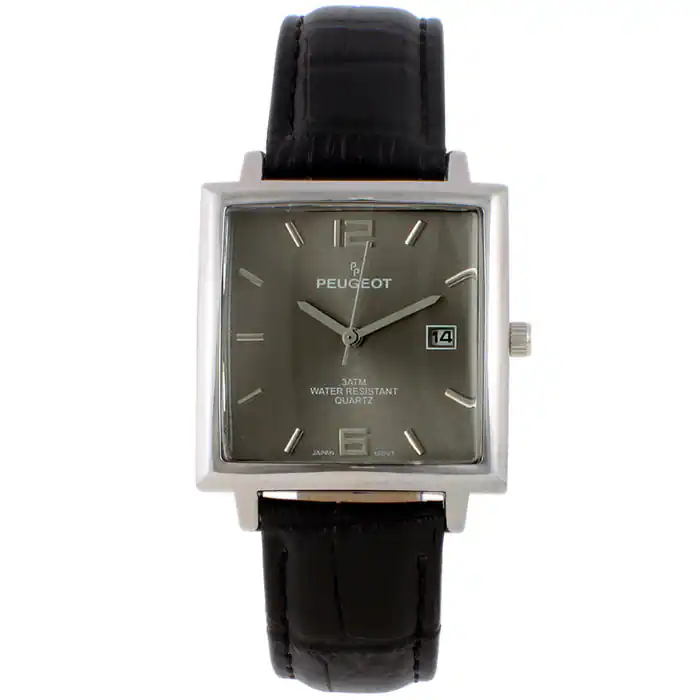 Peugeot Men's Modern 35mm Square Watch with Metal Case and Leather