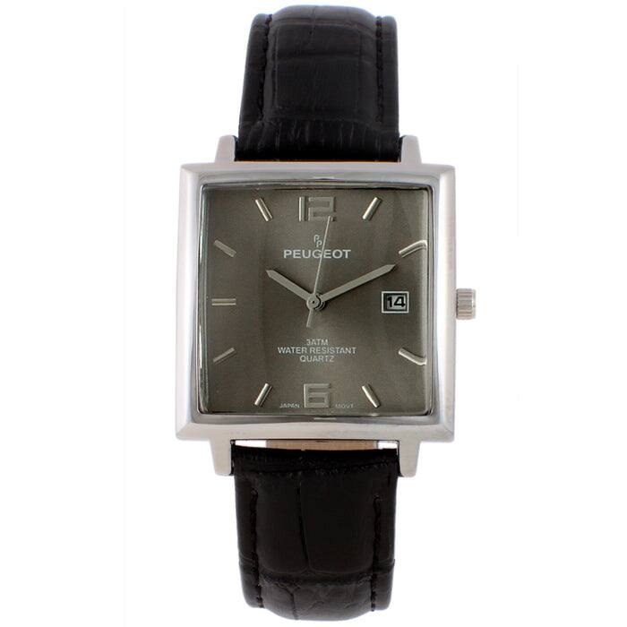 Peugeot Men's Modern 35mm Square Watch with Metal Case and Leather