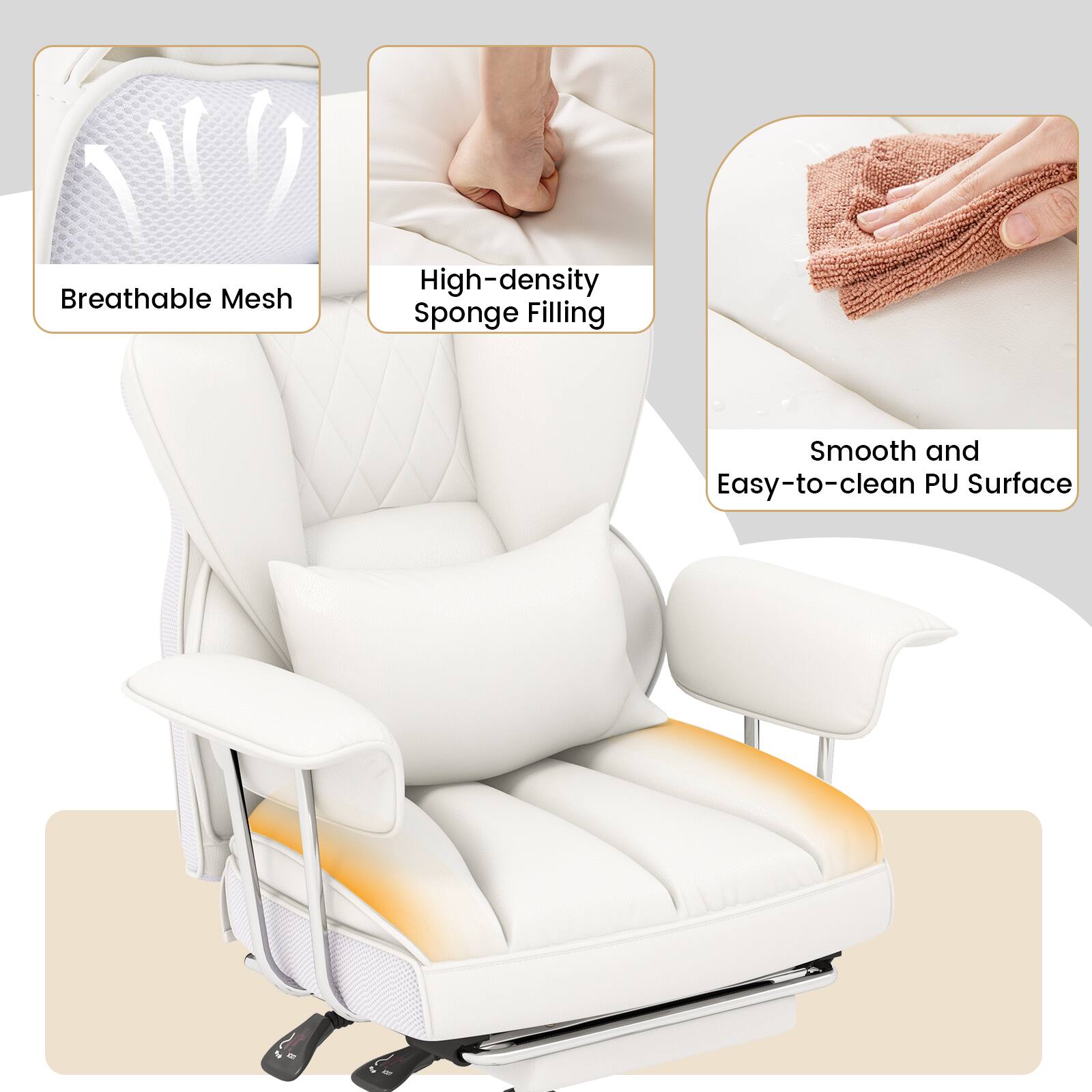 Breathable Mesh  
High-density Sponge Filling  
Smooth and Easy-to-clean PU Surface