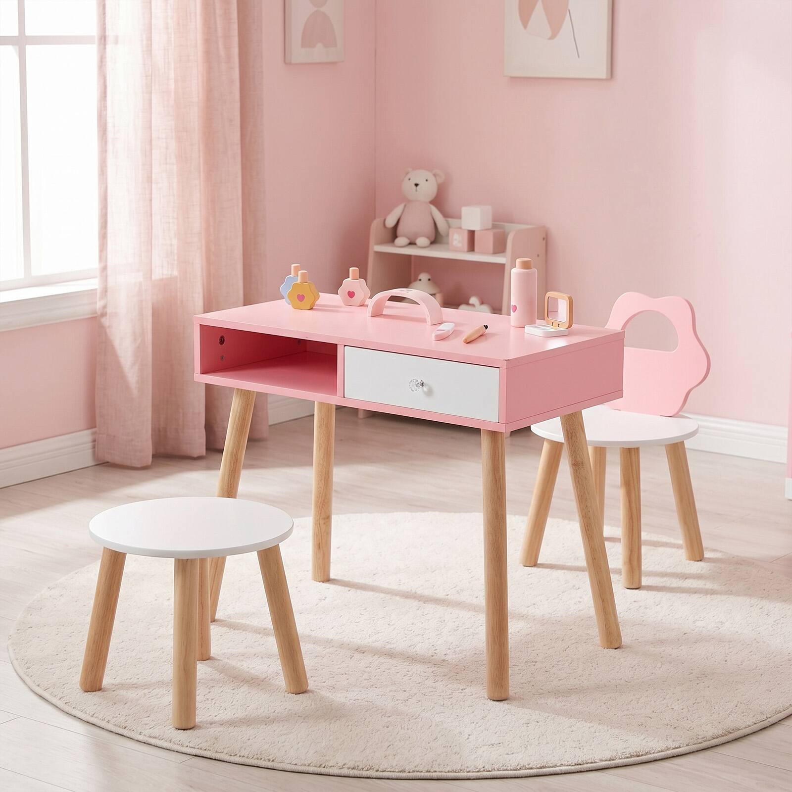 Alt View 1. Costway - Costway Kids Pretend Nail Salon Playset with Chair Stool Wooden Toddlers Makeup Eye Shadow - Pink + Natural + White.