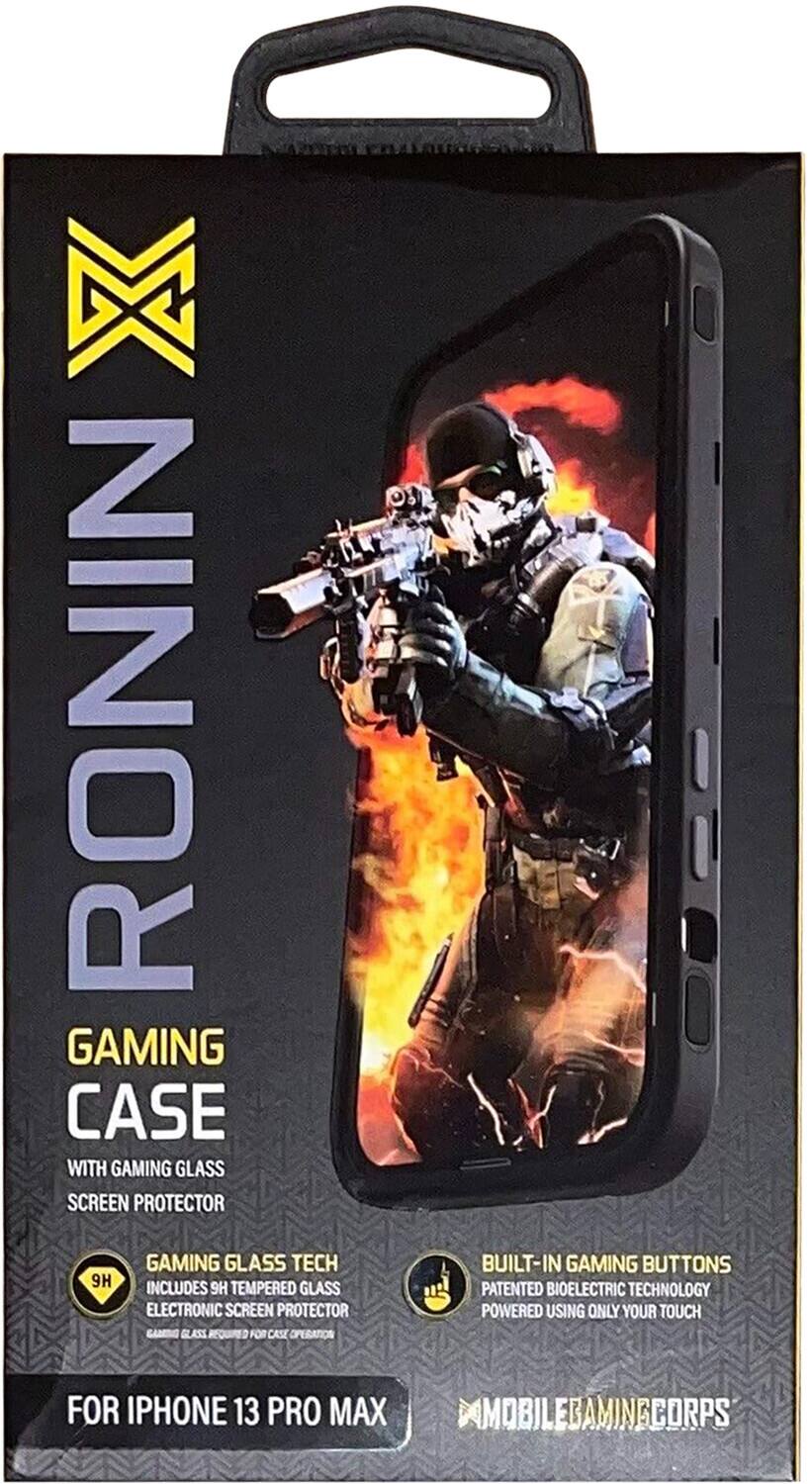 RONIN  
GAMING CASE  
WITH GAMING GLASS SCREEN PROTECTOR  

GAMING GLASS TECH  
INCLUDES 9H TEMPERED GLASS ELECTRONIC SCREEN PROTECTOR  

BUILT-IN GAMING BUTTONS  
PATENTED BIOELECTRIC TECHNOLOGY  
POWERED USING ONLY YOUR TOUCH  

FOR IPHONE 13 PRO MAX  

MOBILEGAMINGCORPS