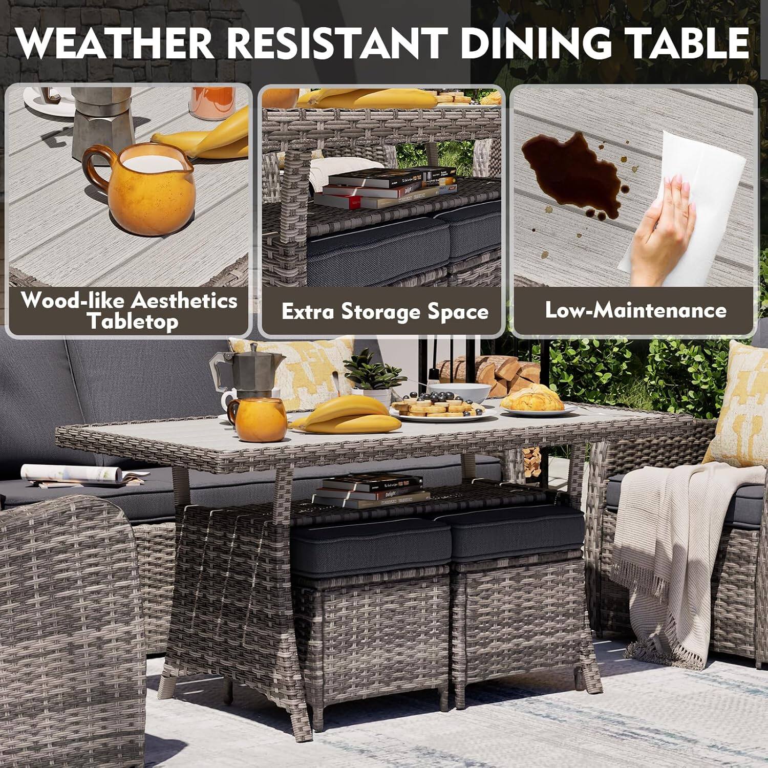 WEATHER RESISTANT DINING TABLE

- Wood-like Aesthetics Tabletop
- Extra Storage Space
- Low-Maintenance