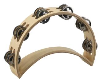 Tycoon Percussion - Wooden Moon Tambourine, Ergonomic Handle, Double-Row Chrome-Plated Steel Alloy Jingles, Half-Moon Shape