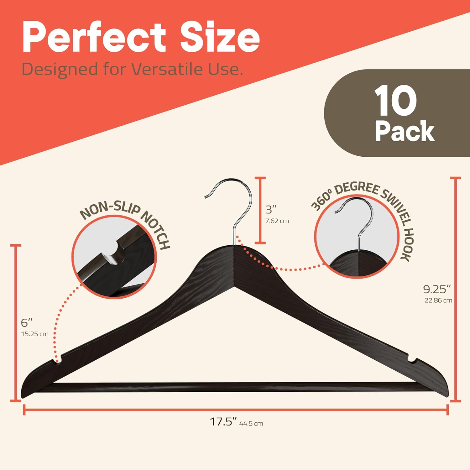 Perfect Size, Designed for Versatile Use, 10 Pack, NON-SLIP NOTCH, 3", 7.62 cm, 360° DEGREE SWIVEL HOOK, 9.25", 22.86 cm, 6", 15.25 cm, 17.5", 44.5 cm