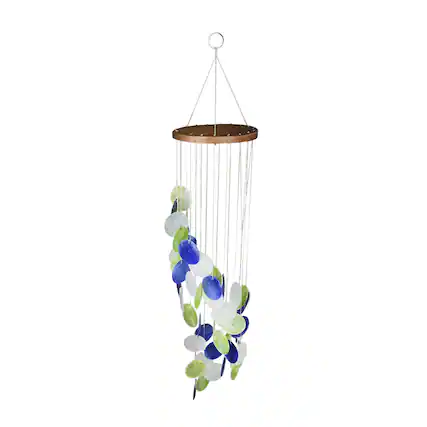 Front. J.D. Yeatts - Blue Green and White Capiz Shell Wind Chime 29 Inches Long - Multicolored.