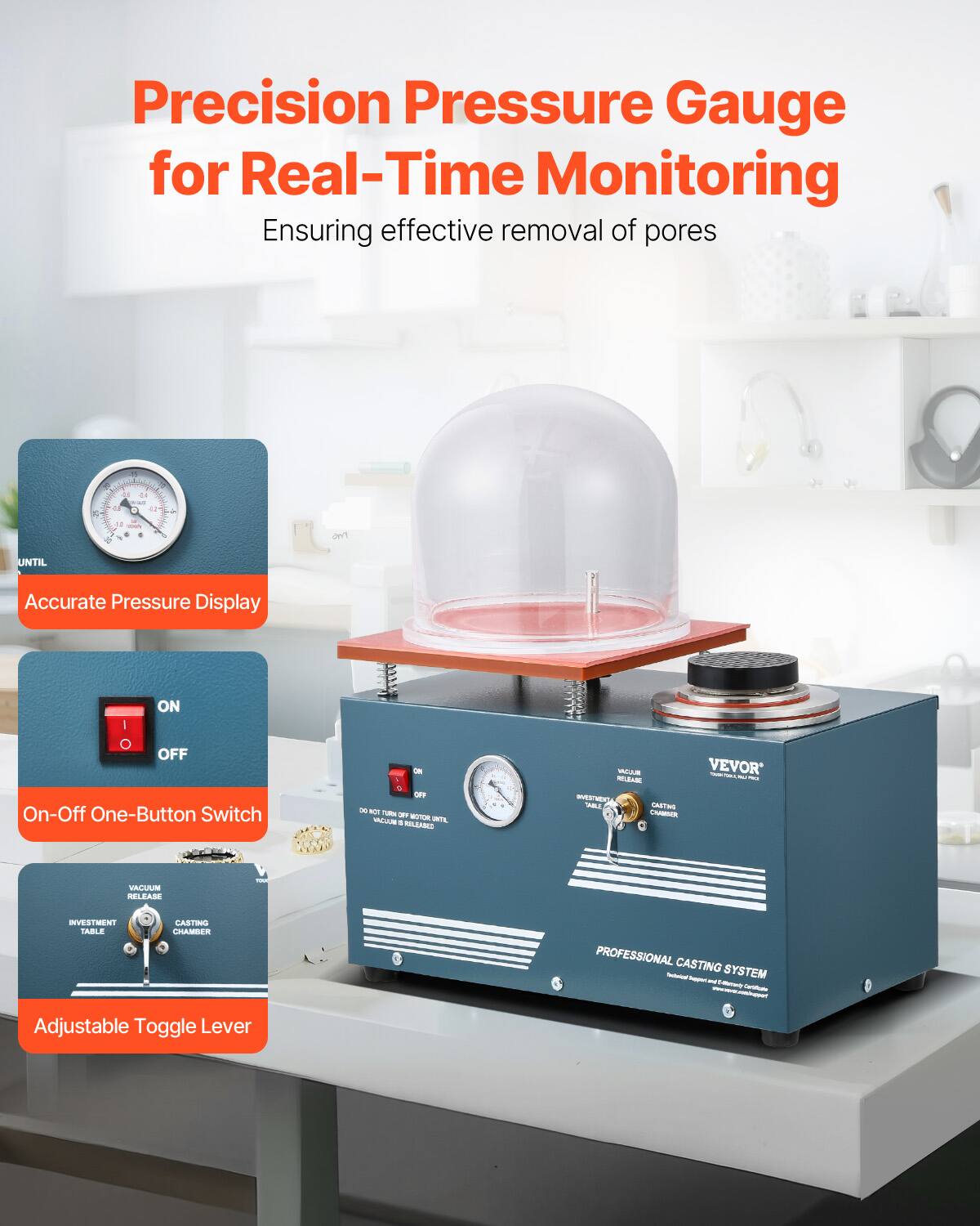 Precision Pressure Gauge for Real-Time Monitoring  
Ensuring effective removal of pores

41 at C to 12 + and UNTIL  
Accurate Pressure Display  
ON I O OFF On-Off One-Button Switch  
OFF DAY NOT TERN OFF MOTOR: VACIOUE 2 UNTAL RILEABED  
VACQUE VEVOR RELEASE INVESTMENT ABLI, CASTING CHAMPER  
VAGUUM RELEASE  
INVESTMENT TABLE  
CASTING CHAMBER  
PROFESSIONAL CASTING Today Suggen SYSTEM nt - - to  
Adjustable Toggle Lever