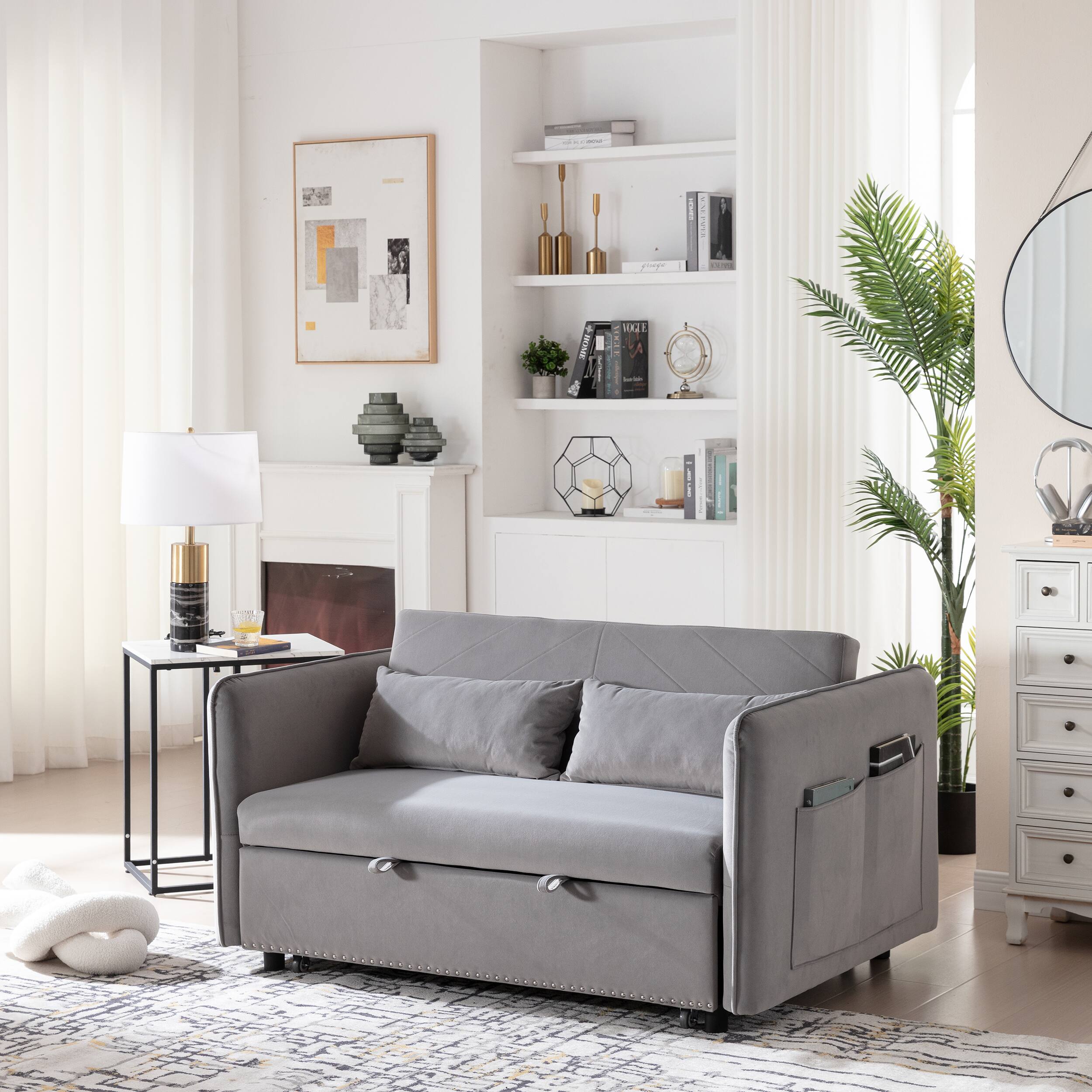 Alt View 7. Tiramisubest - 3 in 1 Convertible Sleeper Futon Sofa Bed,55" Velvet Loveseat with 2 Pillows,Reclining Backrest & Side Pockets,Gray - Grey.