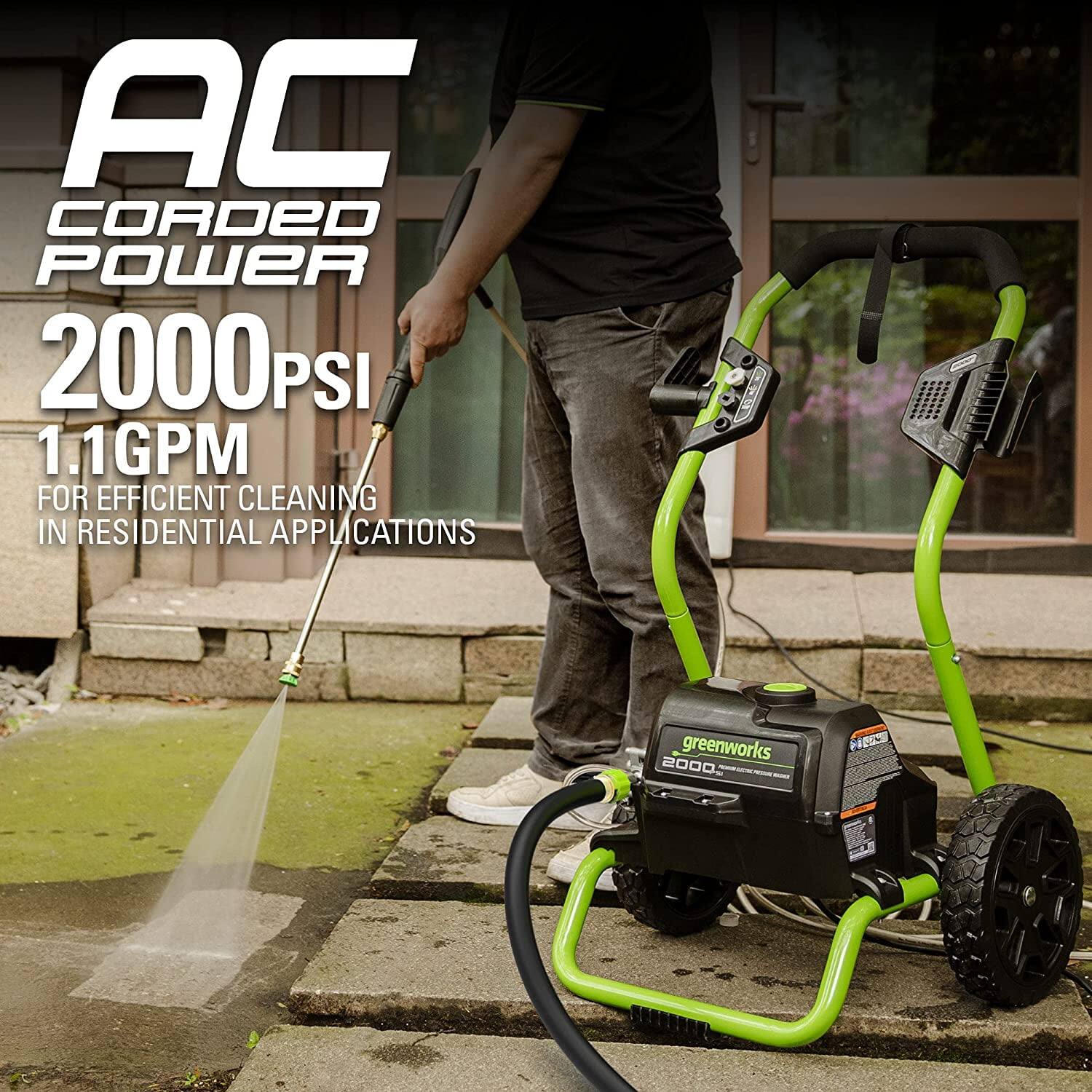 AC CORDED POWER  
2000 PSI  
1.1 GPM  
FOR EFFICIENT CLEANING IN RESIDENTIAL APPLICATIONS  

greenworks 2000