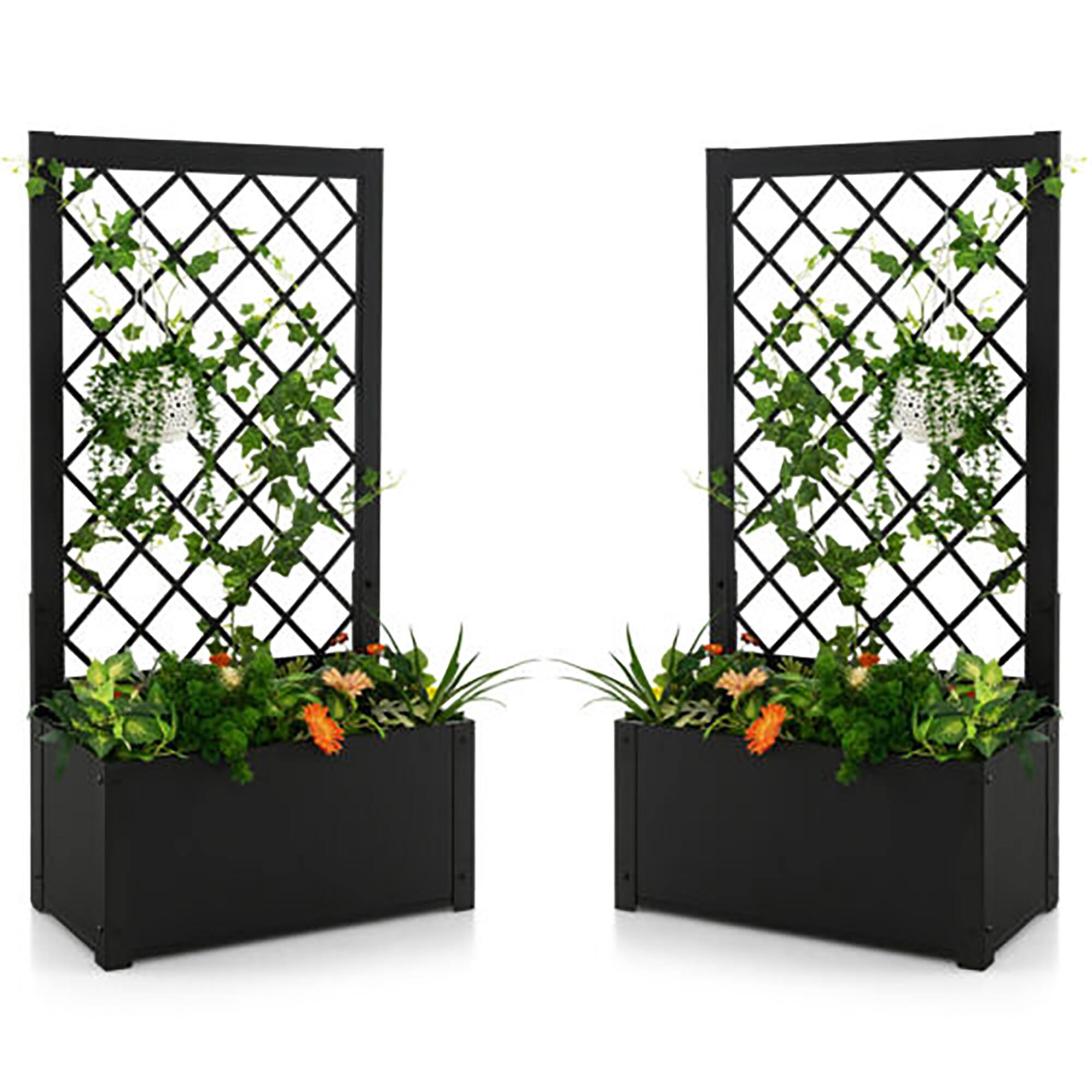 Gymax - 2 PCS Raised Garden Bed with Trellis Metal Planter Box for Climbing Plants - Black