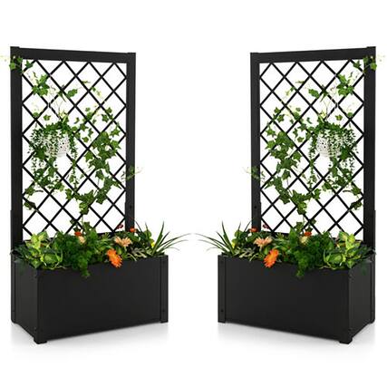 Front. Gymax - Gymax 2 PCS Raised Garden Bed with Trellis Metal Planter Box for Climbing Plants - Black.