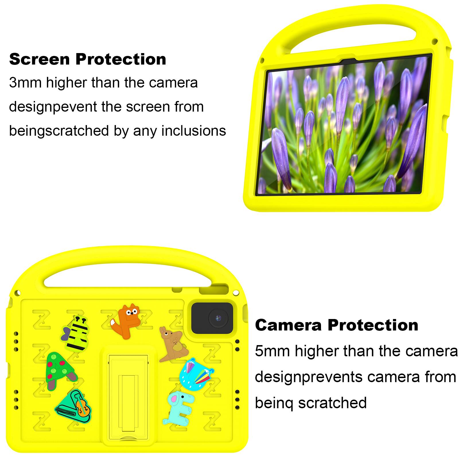 Screen Protection  
3mm higher than the camera design prevents the screen from being scratched by any inclusions

Camera Protection  
5mm higher than the camera design prevents the camera from being scratched