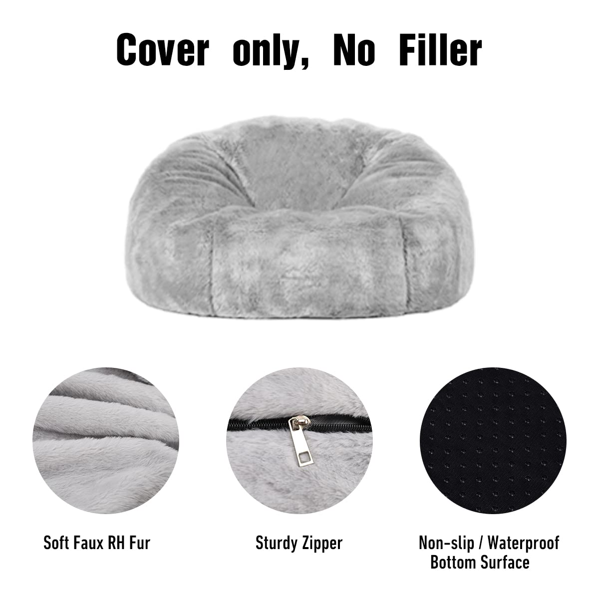 Cover only, No Filler

- Soft Faux RH Fur
- Sturdy Zipper
- Non-slip / Waterproof Bottom Surface
