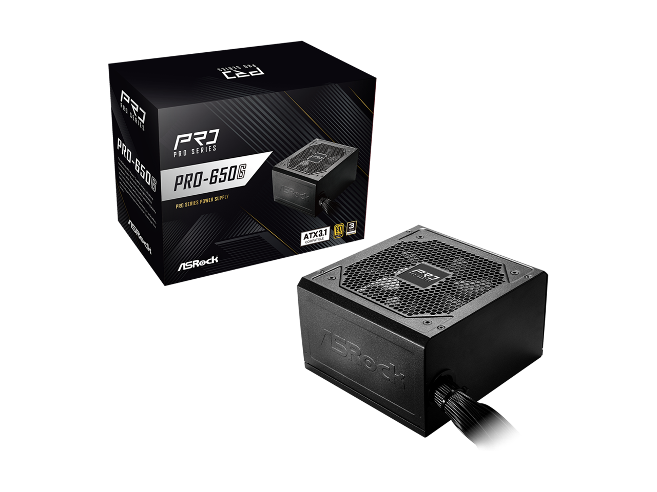 PRO SERIES  
PRO-650G  
PRO SERIES POWER SUPPLY  

ATX 3.1  
80 PLUS  
COMPATIBLE  

ASRock