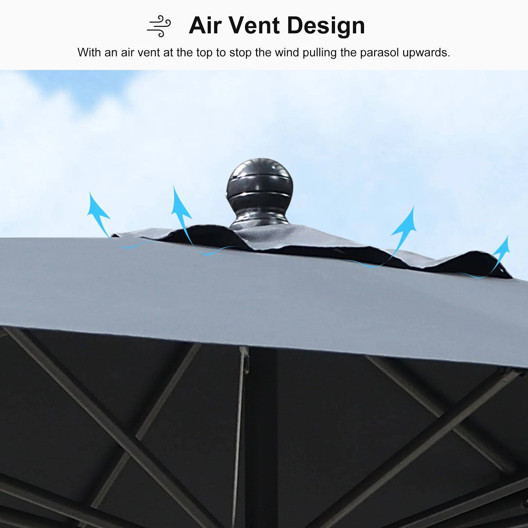 Air Vent Design

With an air vent at the top to stop the wind pulling the parasol upwards.