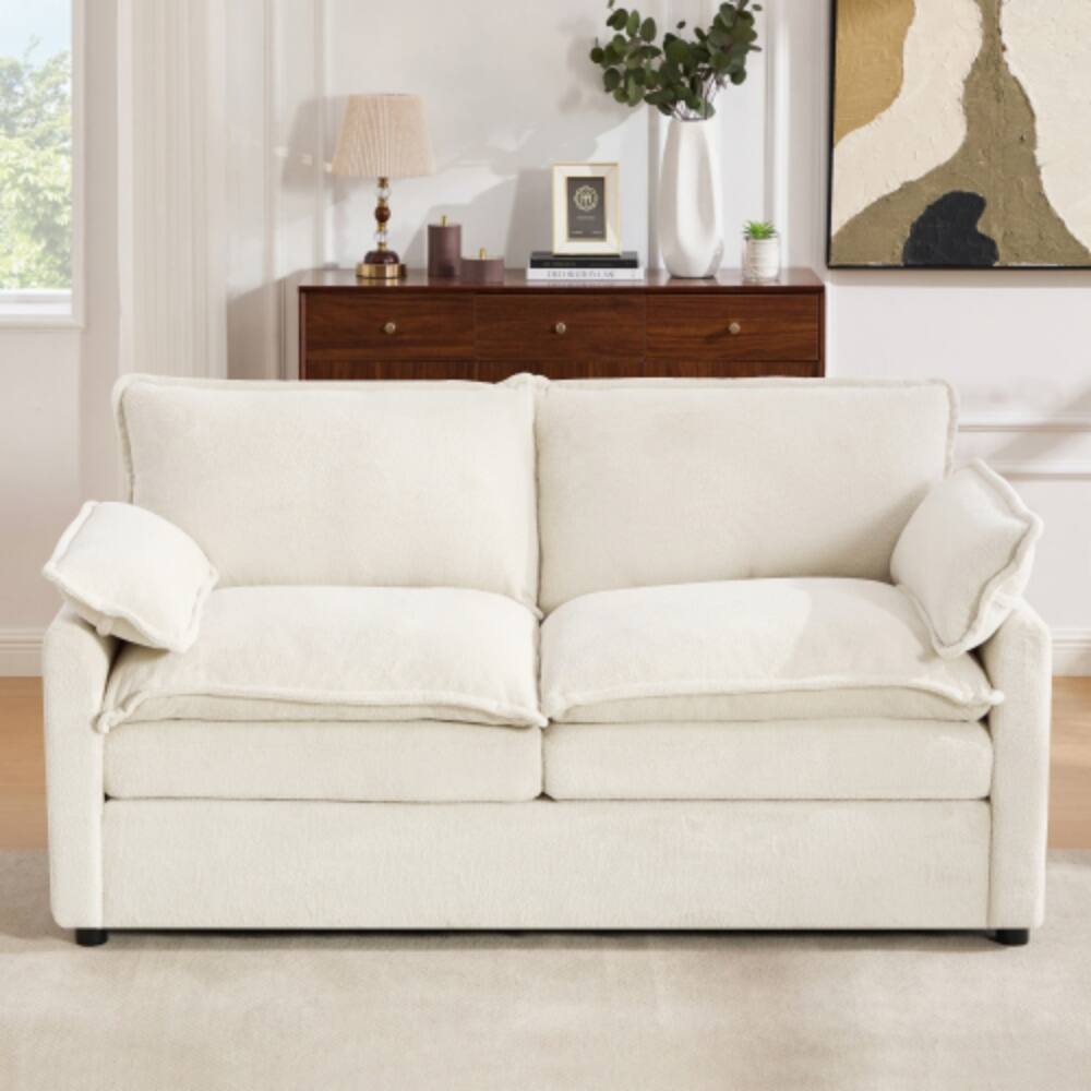 Front. LUCKY ONE - 67.7" Modern Loveseat Sofa Plush Upholstered w/ Double-Layer Cushion Side Pockets - Beige.