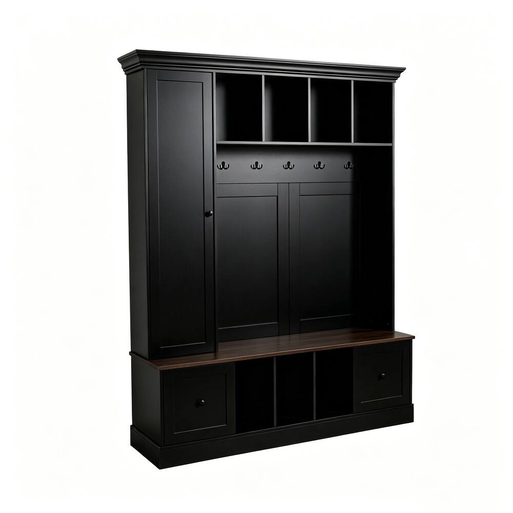 Alt View 2. Loheer - Loheer farmhouse hall tree with shoe storage bench, 62.2 inch wide entryway coat rack - Black.