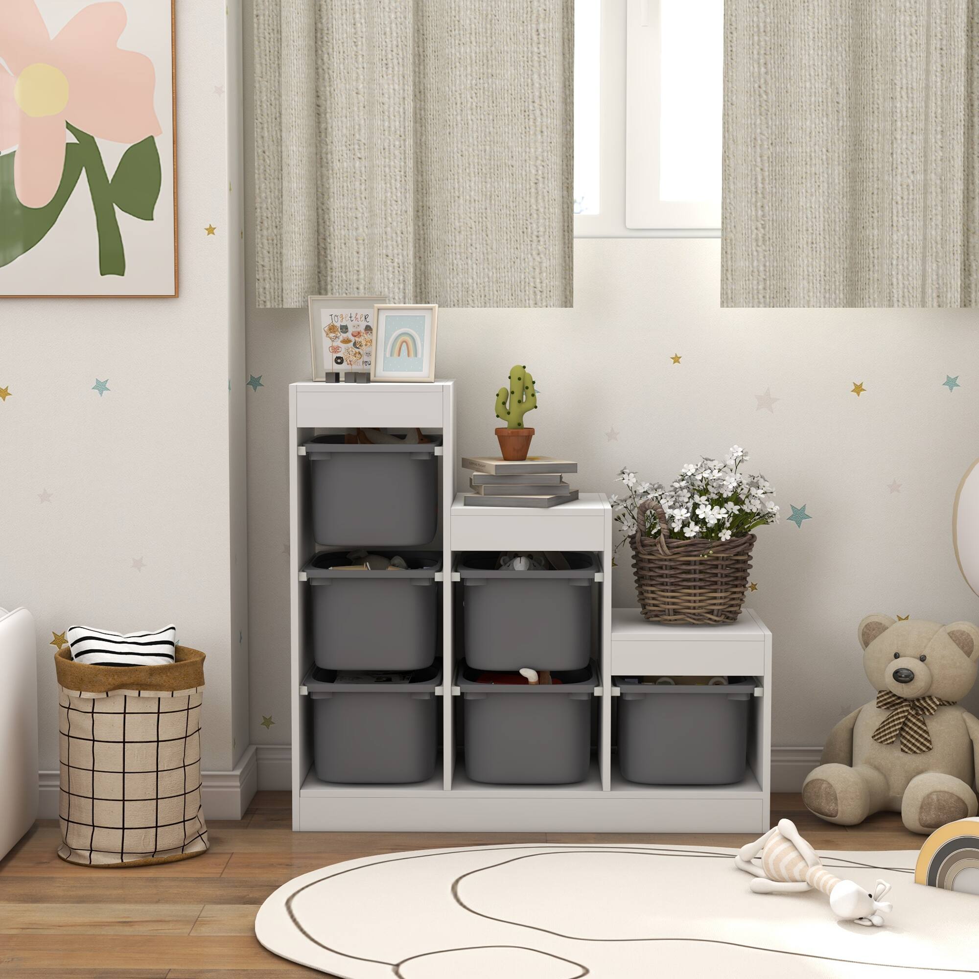 Alt View 4. Qaba - 4 Tier Kids Storage Unit, 4 Drawer Chest Toy Organizer, Plastic Bins, Bedroom, Nursery, Living Room, Boys Girls Toddlers - Gray.