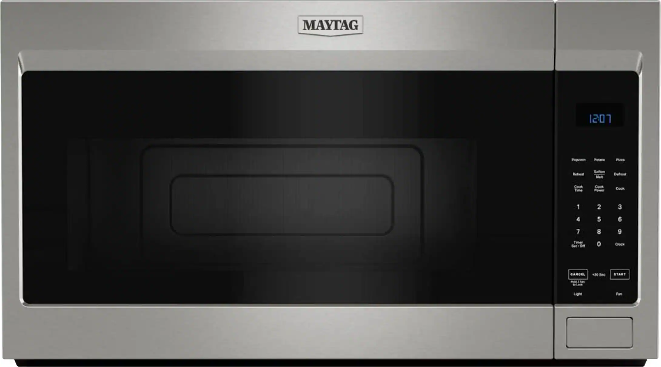 MAYTAG 12:07 Popcorn Potato Pizza Reheat Soften Mer Defrost Cook Cook Cook 1 2 3 4 5 6 7 8 9 0 Clock CANCEL 30 Sec START Light Fan