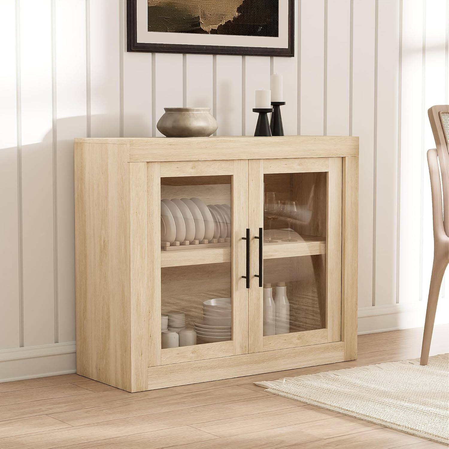 Front. Acekool - 35.4" Mid-Century Modern Sideboard Buffet Cabinet, 2 Glass-Door Storage Credenza, Coffee Bar Console, Natural - Oak.
