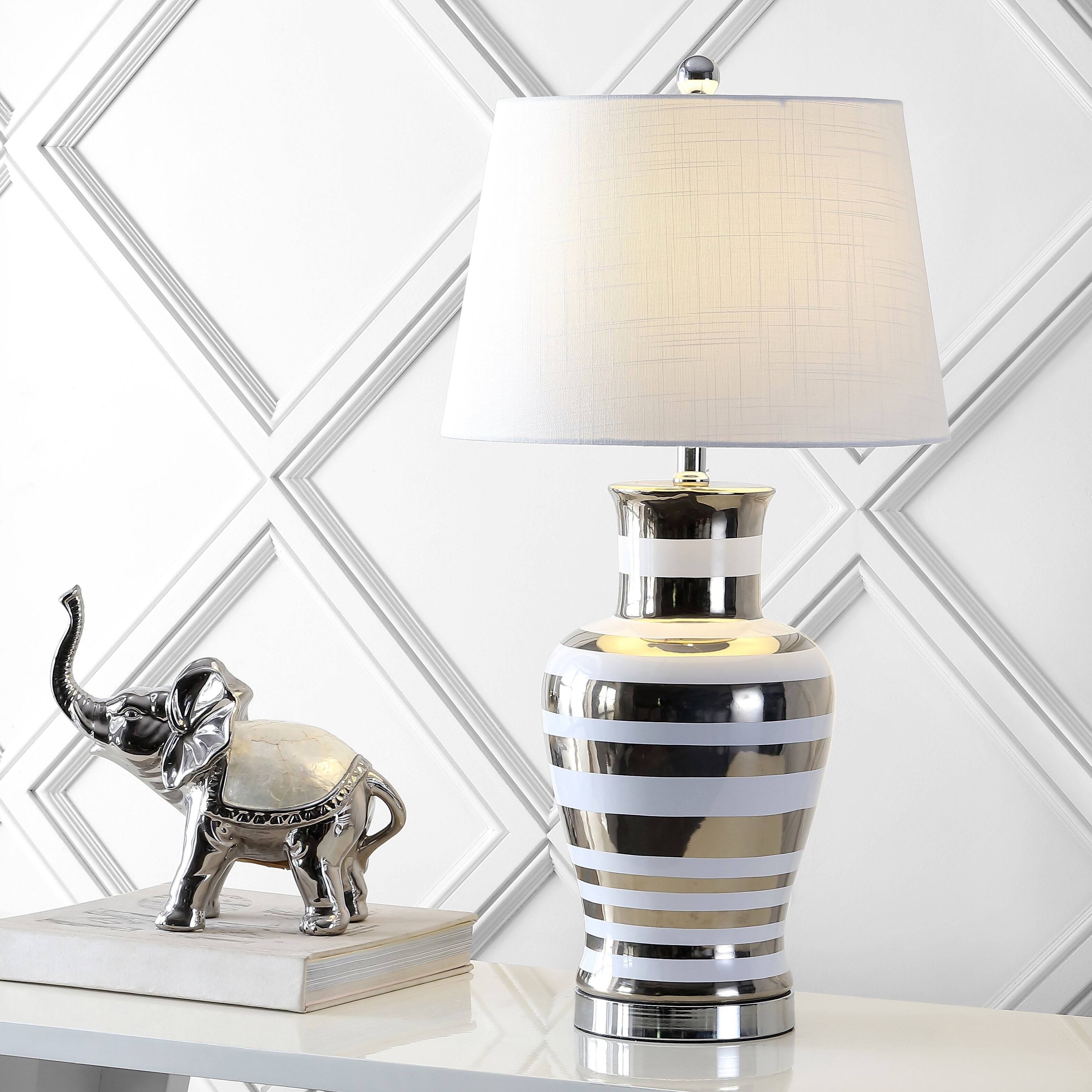 Alt View 1. Jonathan Y - Zilar Striped 28.75" Ceramic/Iron Classic Modern LED Table Lamp, Silver - Silver/White.