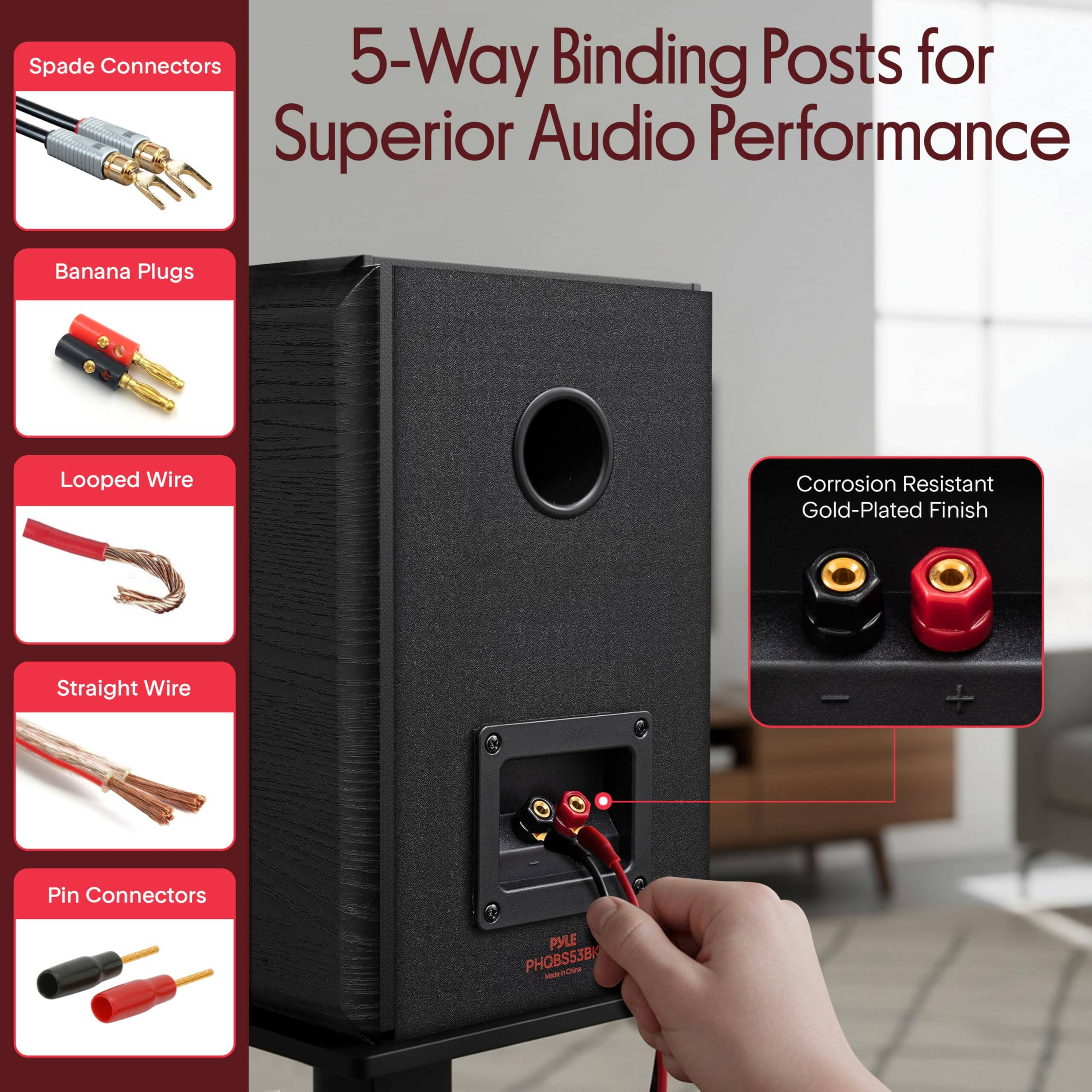 Spade Connectors 5-Way Binding Posts for Superior Audio Performance Banana Plugs Looped Wire Corrosion Resistant Gold-Plated Finish Straight Wire - Pin Connectors PYLE PHQBS53BK