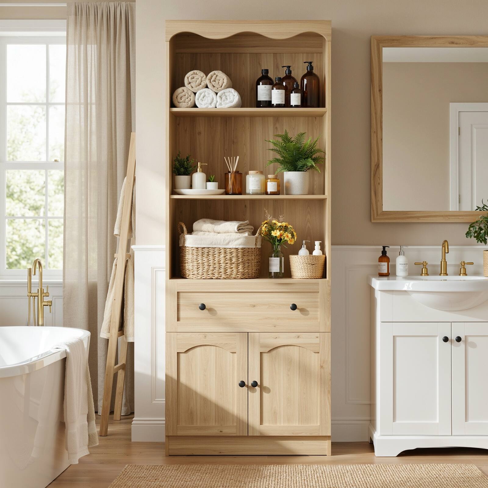 Alt View 4. Aheaplus - 27.5'' W Bookcase with Drawer and Doors, 80'' Tall Bookcase with 3-Tier Open Shelves - Nature.