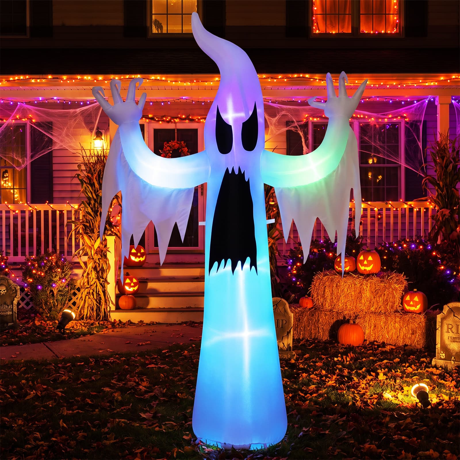 Costway - 7.7 FT Tall Halloween Inflatables Ghost Outdoor Decoration with RGB LED Lights - White