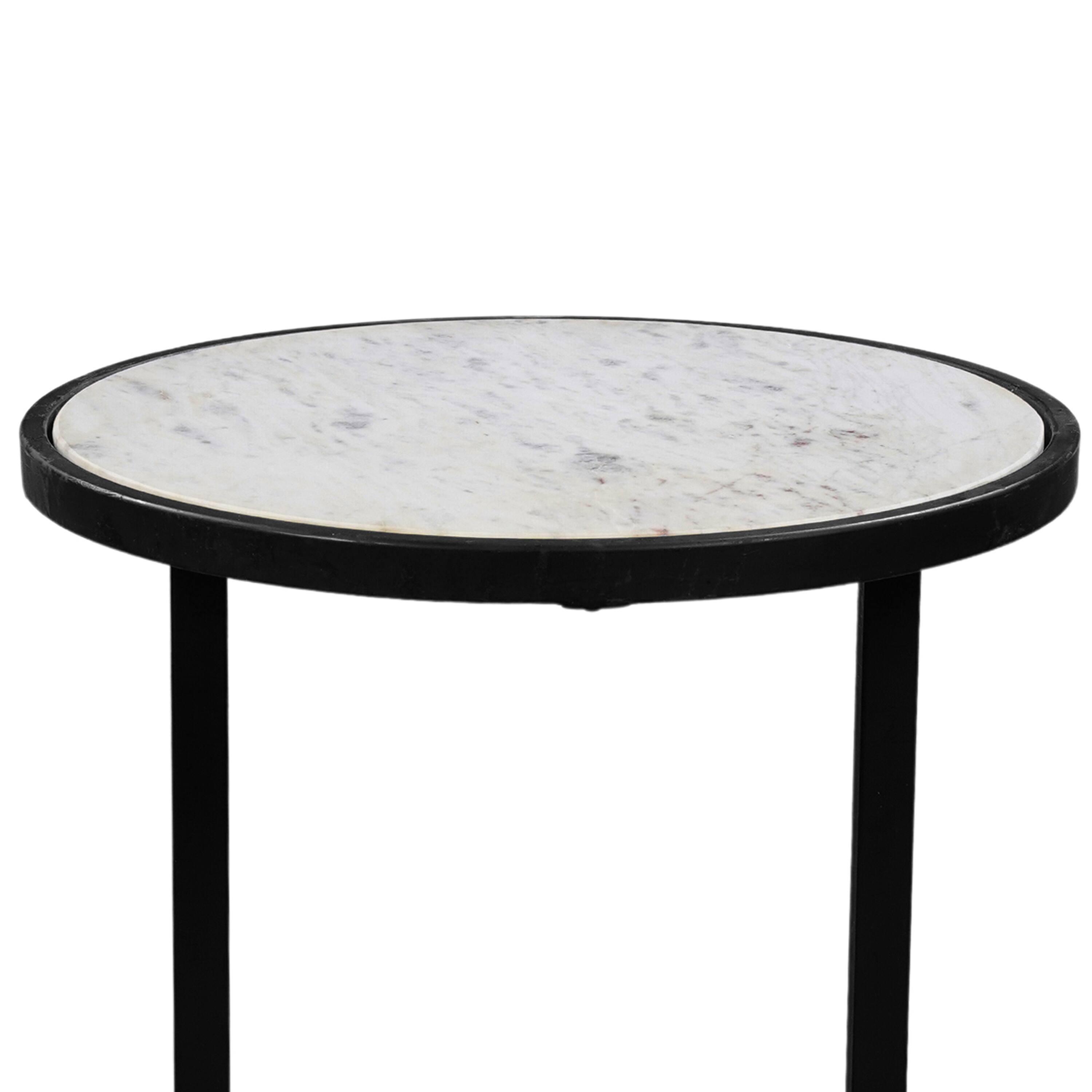 Alt View 3. Manhattan Lane - Beri 18 Inch Side End Table, Round White Natural Marble Top, Classic Slim Black Iron Frame - Black, White.