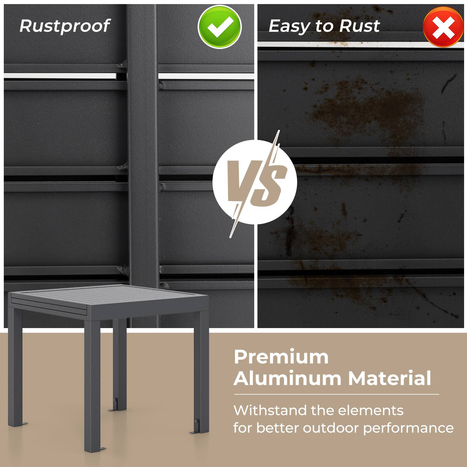 Rustproof Easy to Rust X VS Premium Aluminum Material Withstand the elements for better outdoor performance