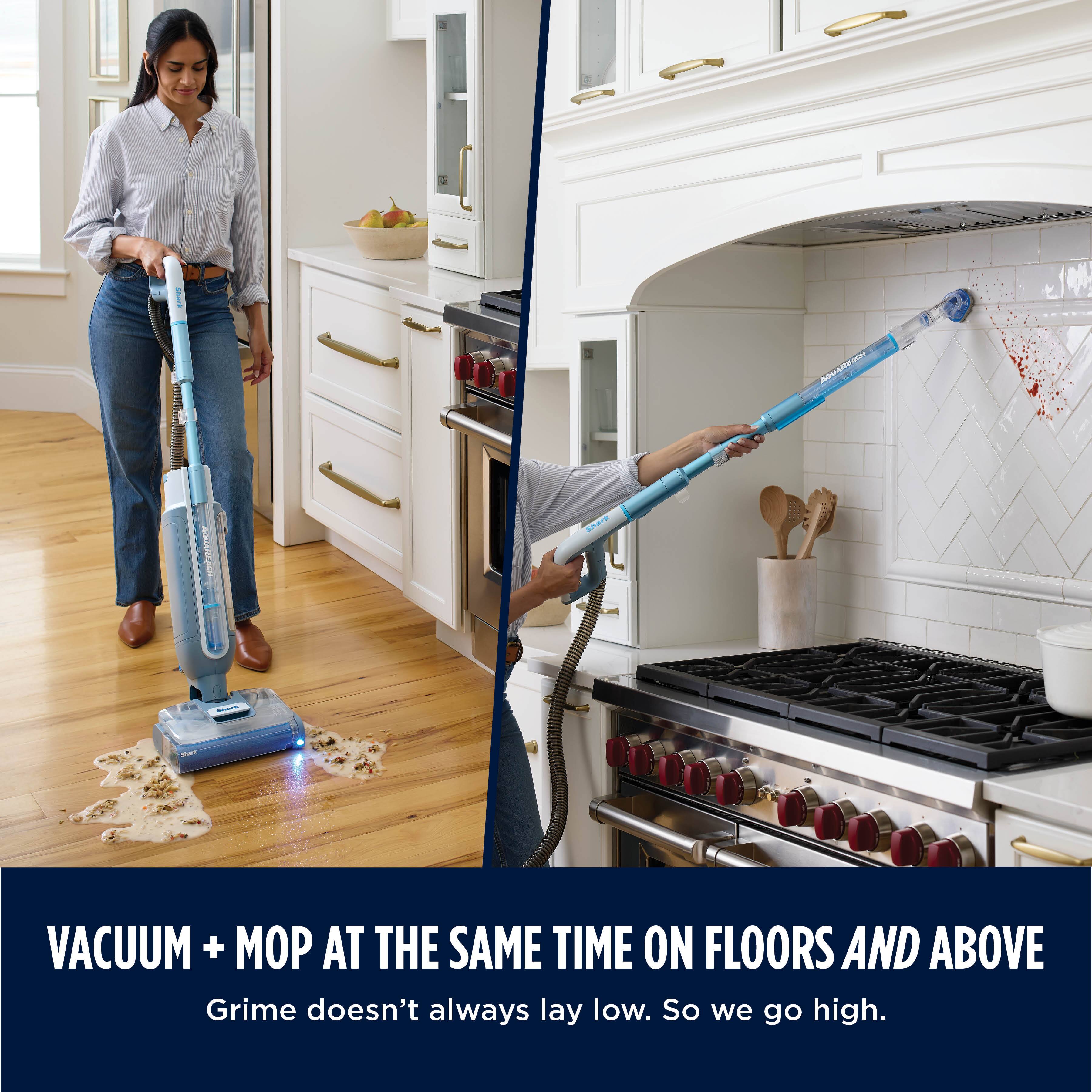 Shark  
REACH  
VACUUM + MOP AT THE SAME TIME ON FLOORS AND ABOVE  
Grime doesn't always lay low. So we go high.