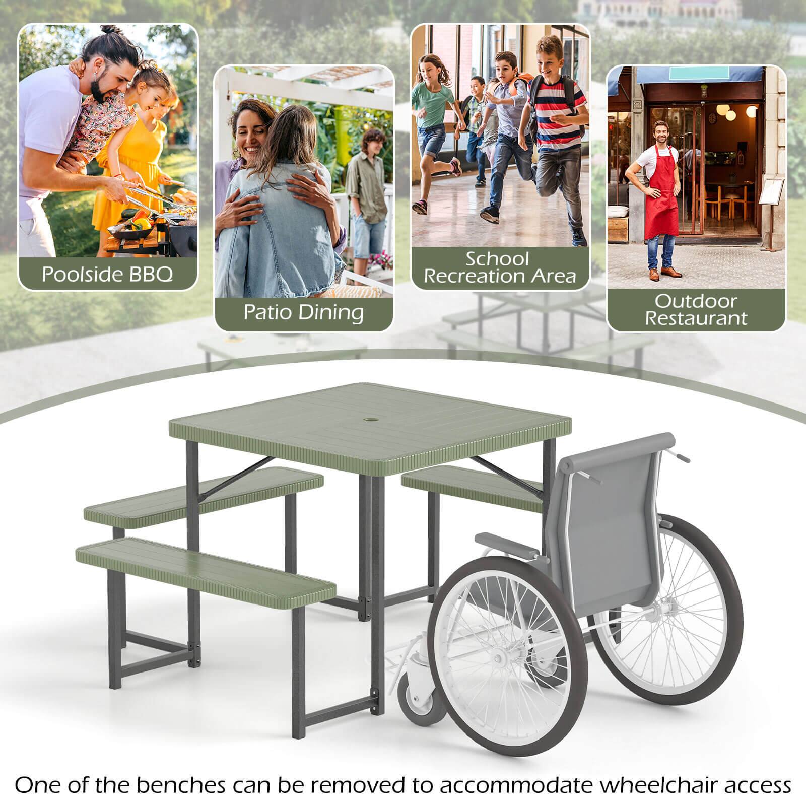 The image shows a green picnic table with a wheelchair attached to it, indicating that it is designed to be accessible for people with disabilities. The table is accompanied by a bench that can be removed to accommodate wheelchair access. The scene takes place in a school recreation area, which suggests that it is a space for outdoor activities and social gatherings. There are also other people in the background, indicating that this area is used for various purposes, including outdoor dining and relaxation.