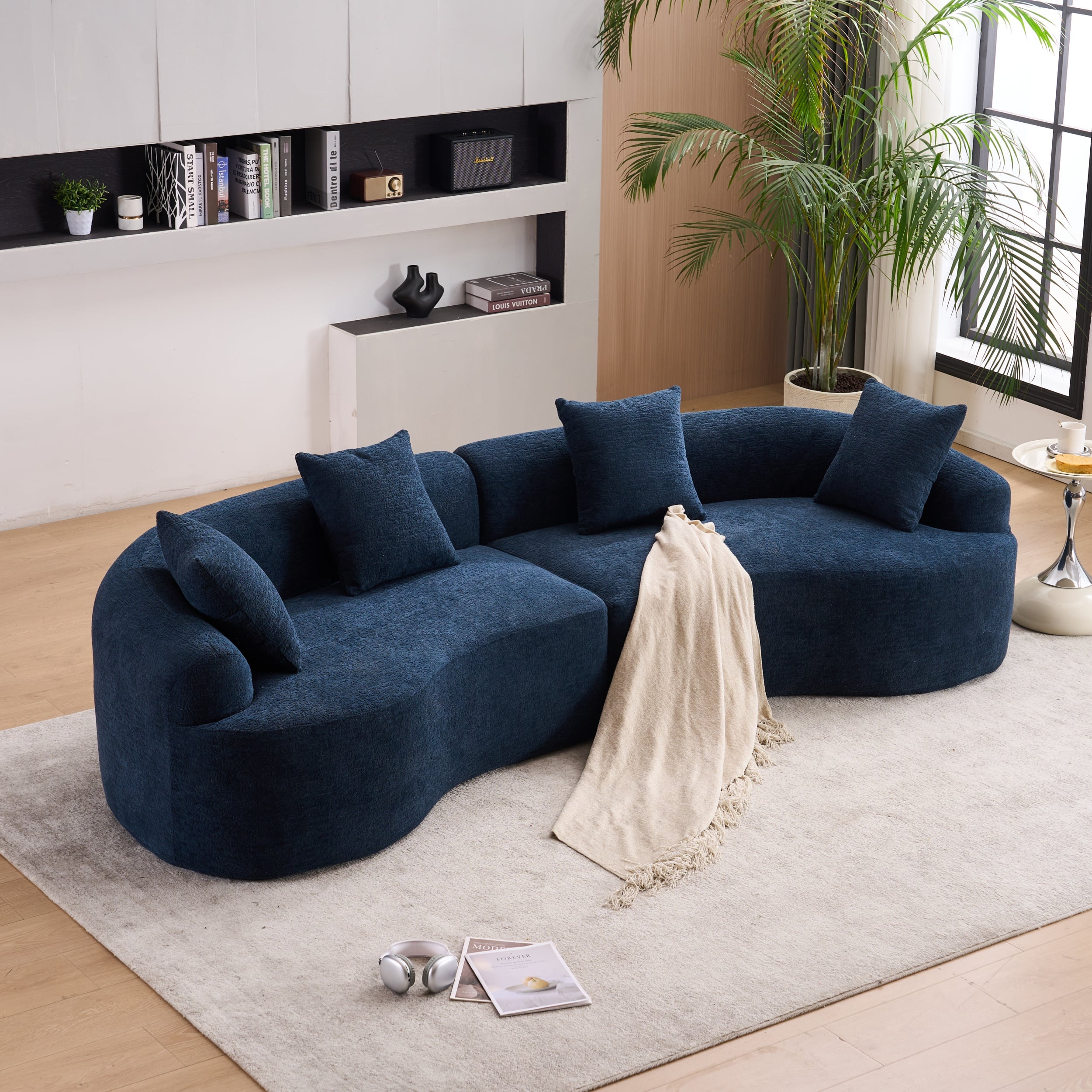 Anysun - 110" Orange Curved Chenille Sectional Sofa - High-Density Sponge, Modular Sleeper Couch for Apartment & Living Room. - Blue