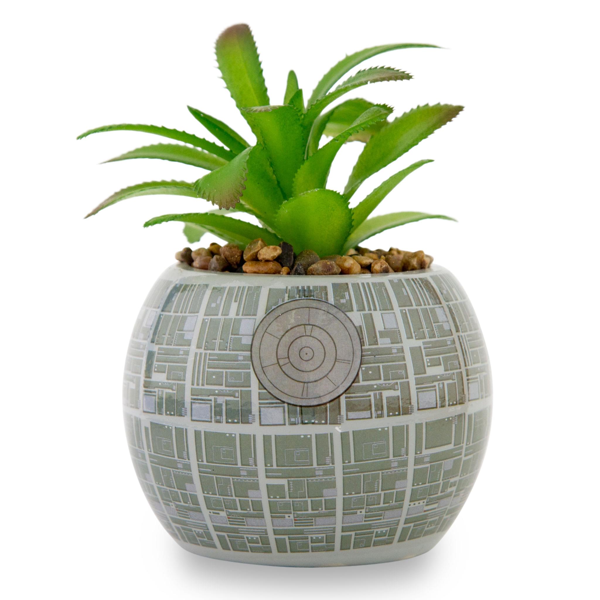 Front. Silver Buffalo - Star Wars Death Star 3-Inch Ceramic Mini Planter With Artificial Succulent - Grey.