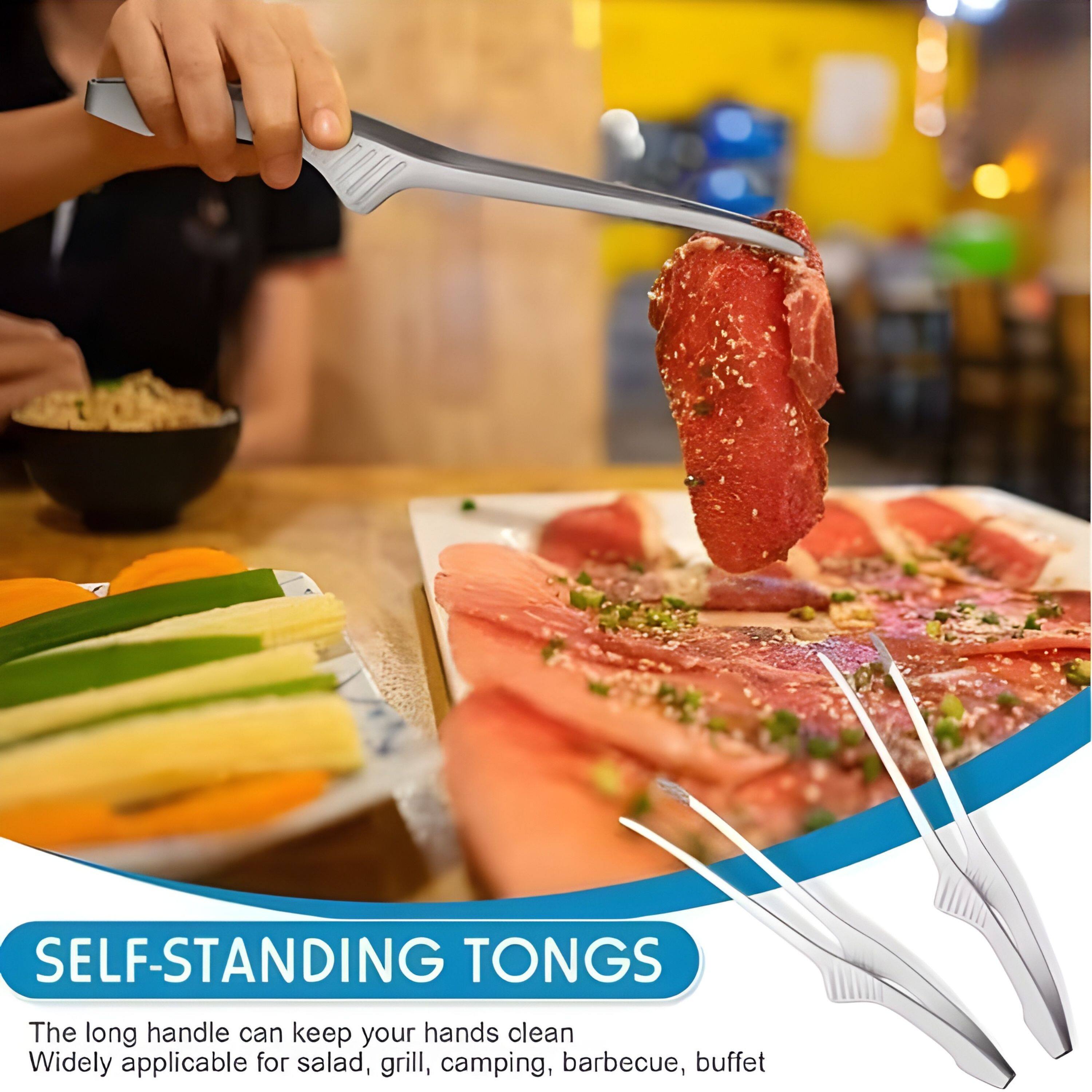 SELF-STANDING TONGS

The long handle can keep your hands clean. Widely applicable for salad, grill, camping, barbecue, buffet.