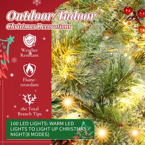 Outdoor/Indoor Christmas Decorations

- Weather Resistant
- Flame-retardant
- 180 Total Branch Tips

100 LED Lights: Warm LED Lights to Light Up Christmas Night (8 Modes)