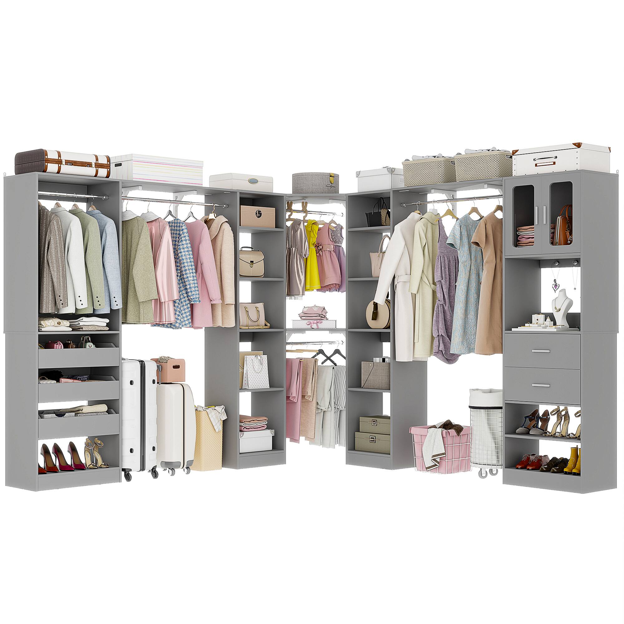 Angle. Aheaplus - 100'' Large Walk-in Closet Organizer System with Drawers, Hanging Rods and 20 Shelves for Storage, 3 Sets - Gray.