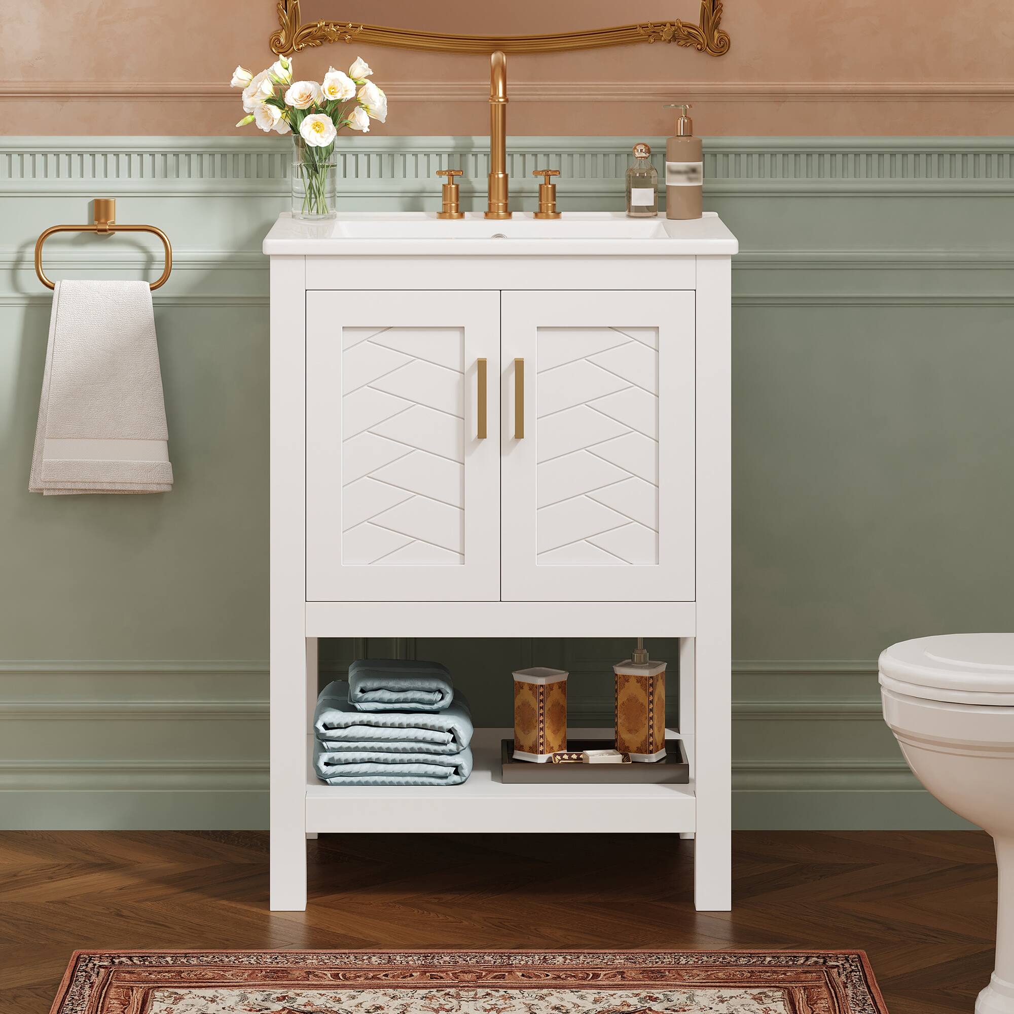 Angle. Whisen - 24" Modern Bathroom Vanity Cabinet with Sink Adjustable Shelf and Soft-Close Hinges Storage - White.