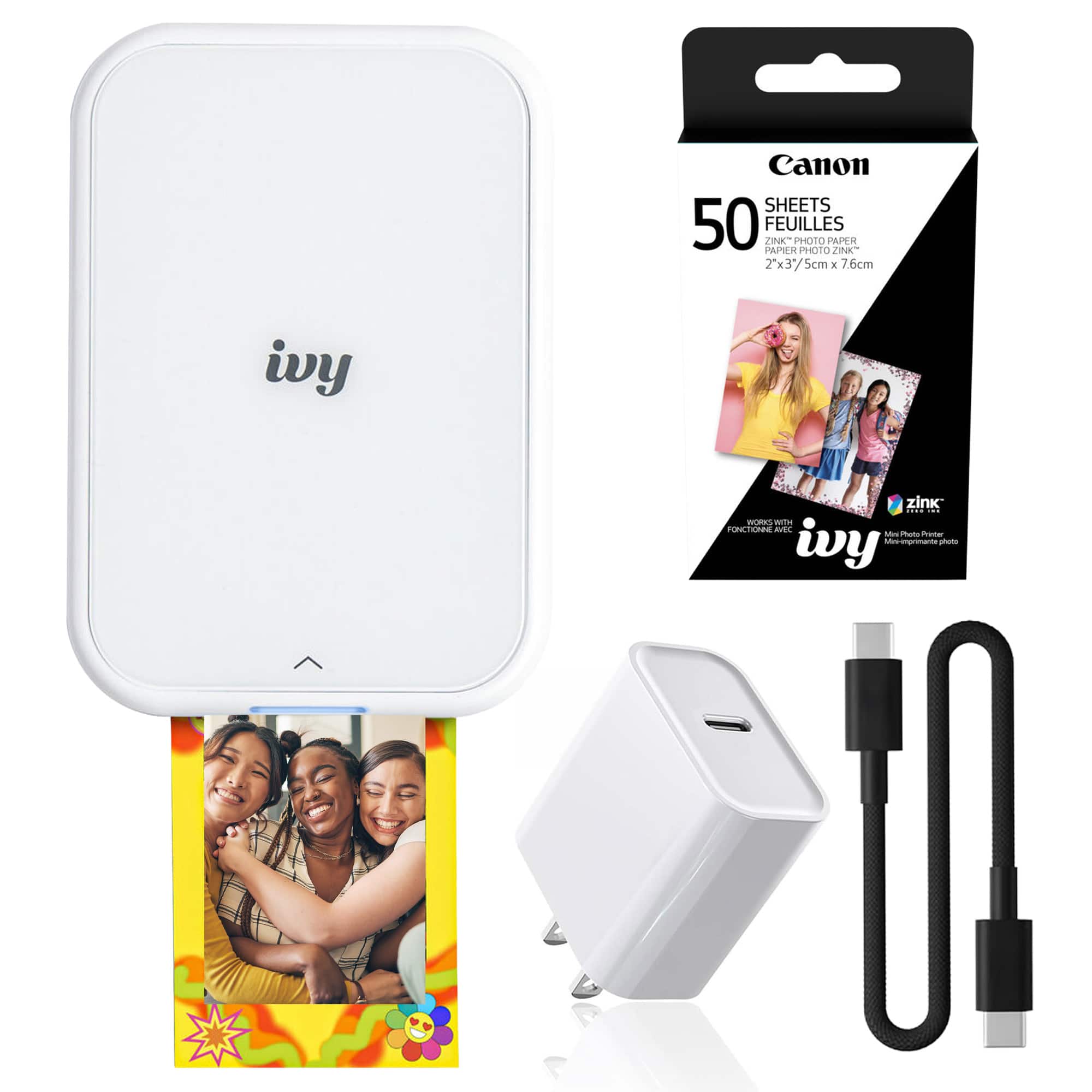 Canon - IVY 2 Mini Photo Printer Pure White, Bluetooth Portable Printer for iOS & Android, ZINK 2x3 Sticky-Back Photo Prin