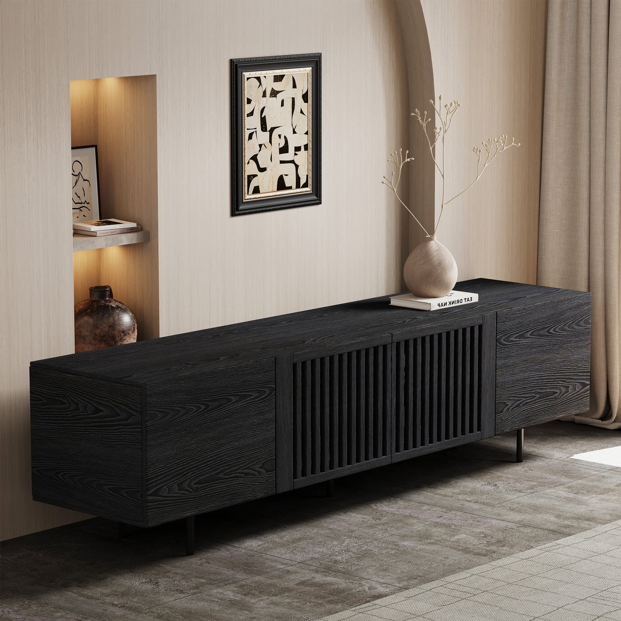 luck idea - 70.87" TV Stand, Media Console with Adjustable Shelves, Soft-Close Hinges & Cable Management - Black