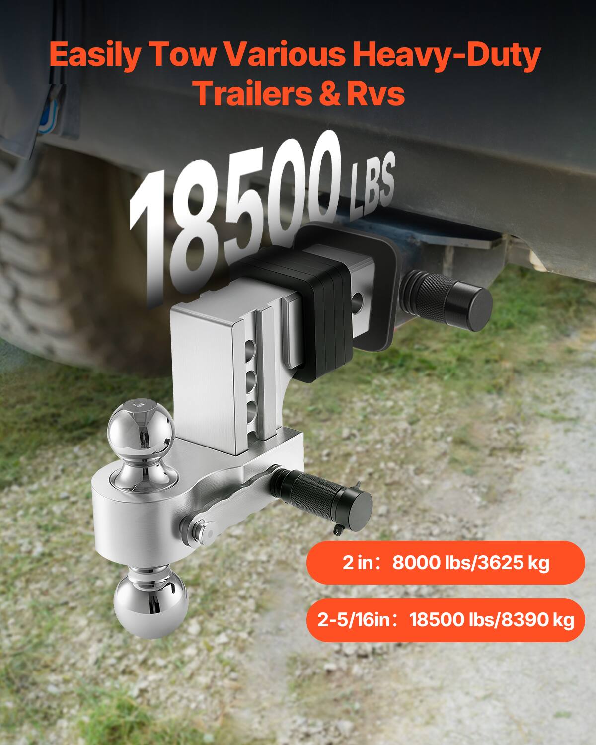 Easily Tow Various Heavy-Duty Trailers & Rvs

18500 LBS

2 in: 8000 lbs/3625 kg

2-5/16in: 18500 lbs/8390 kg