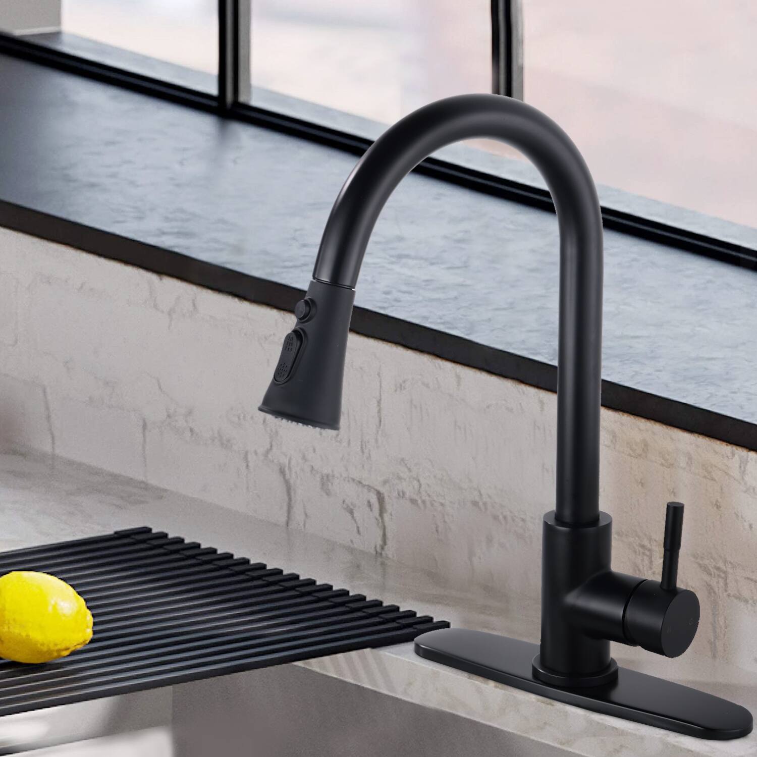 Angle. Siljoy - Pull Down Kitchen Faucet with Sprayer Stainless Steel Matte Black - Matte Black.