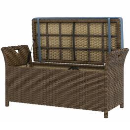 Outsunny - Outdoor Patio Wicker Storage Bench, 2-In-1 Rattan Patio Furniture, 29 Gal Storage Box w/ Cushion - Dark Blue