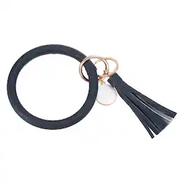 Unique Bargains - PU Leather Circle Wristlet Keychain, Tassel Pendant Round Bangle Keyring Bracelet Holder for Women Car Keys, 1pc - Dark Blue