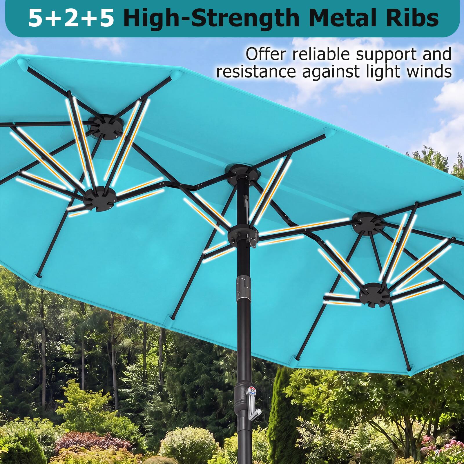 5+2+5 High-Strength Metal Ribs  
Offer reliable support and resistance against light winds