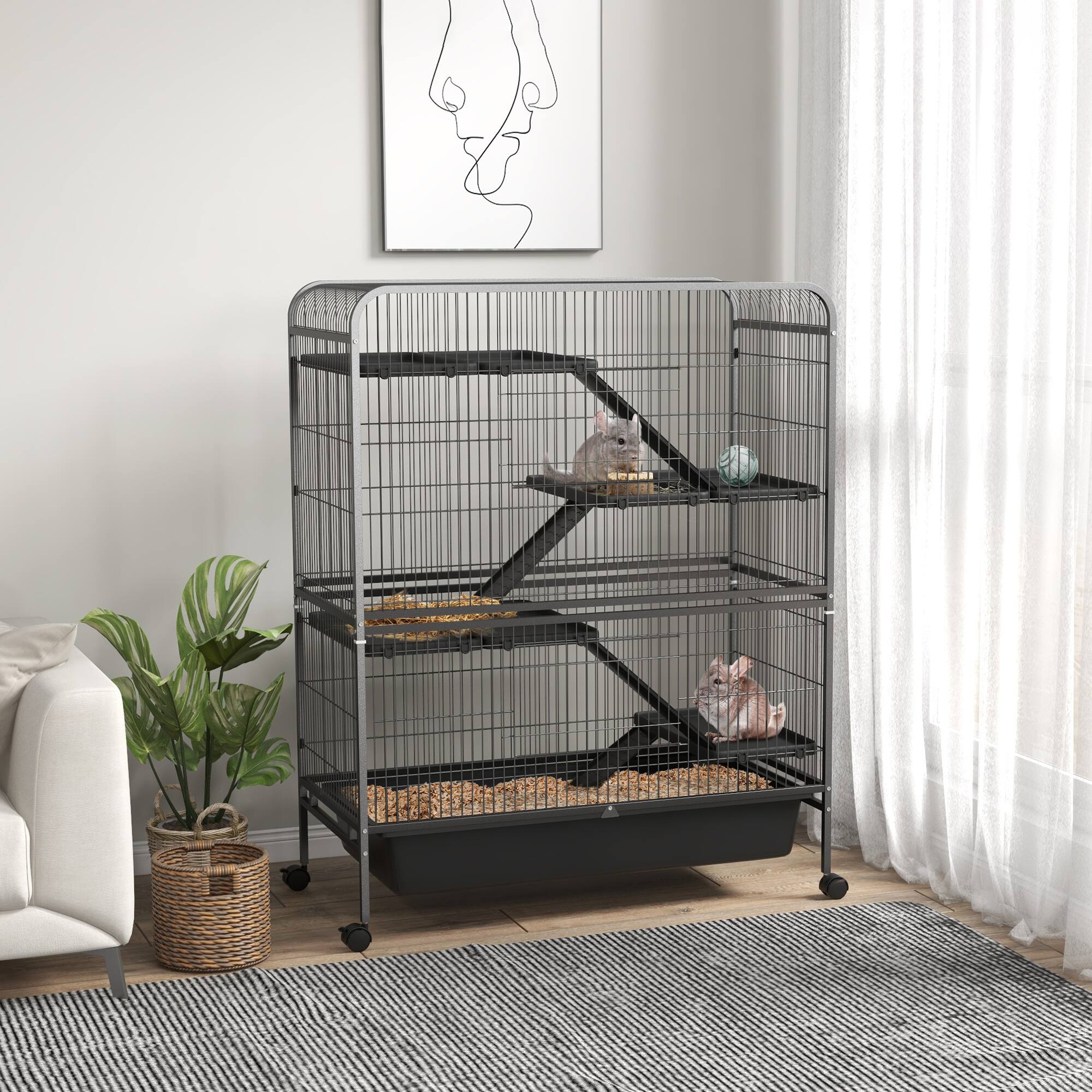 Angle. Pawhut - 53.5" Small Animal Cage, 5-Level Metal Ferret/Bunny Cage with Wheels, Removable Tray, 2 Front Doors, Ramps.