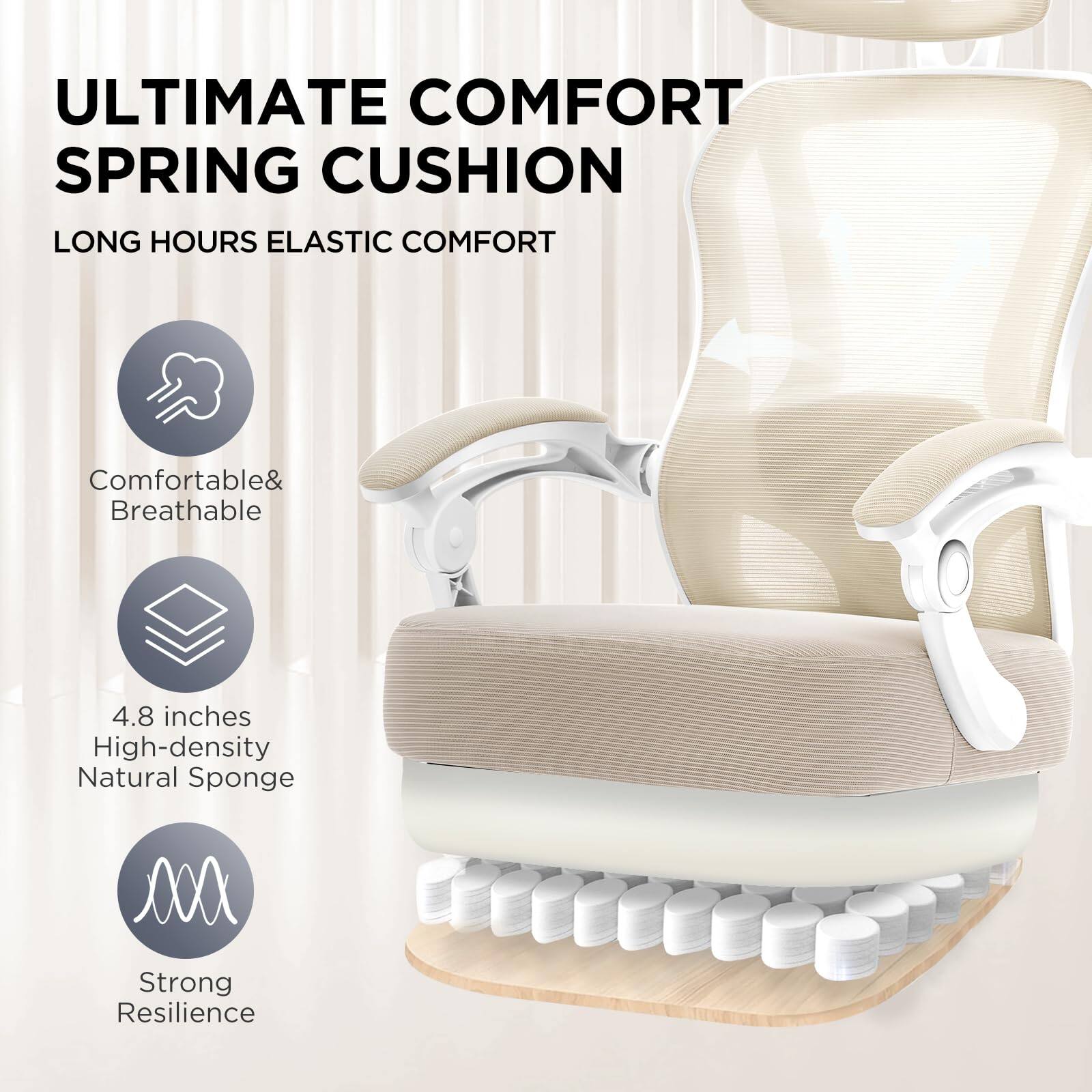 ULTIMATE COMFORT SPRING CUSHION

LONG HOURS ELASTIC COMFORT

- Comfortable & Breathable
- 4.8 inches High-density Natural Sponge
- Strong Resilience