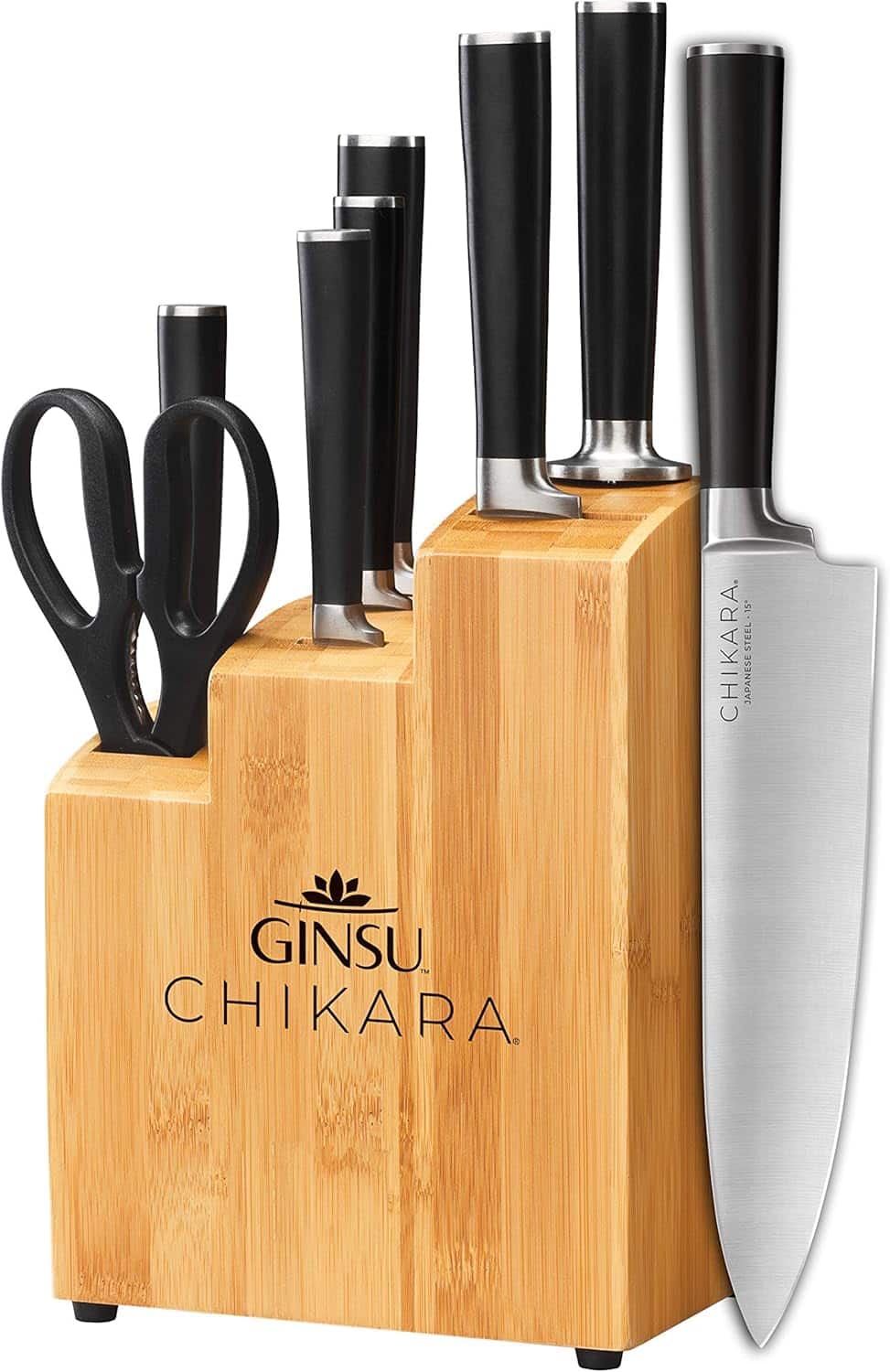Ginsu - Chikara Series Forged 8-Piece Japanese Knife Set - with 420J Stainless Steel Kitchen Knives and Bamboo Block - Black